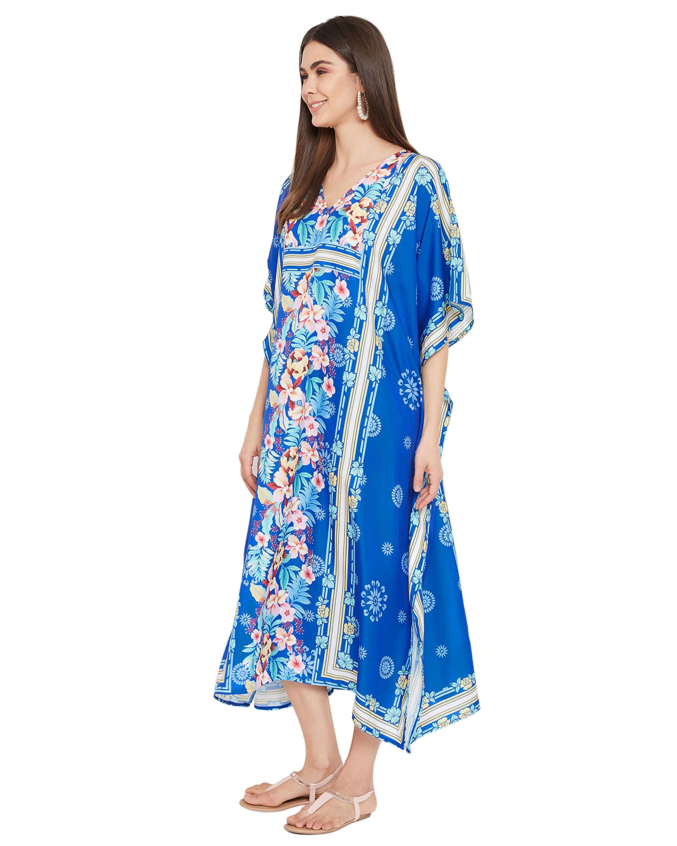 Floral Printed Blue Polyester Kaftan Dress Plus Size For Women