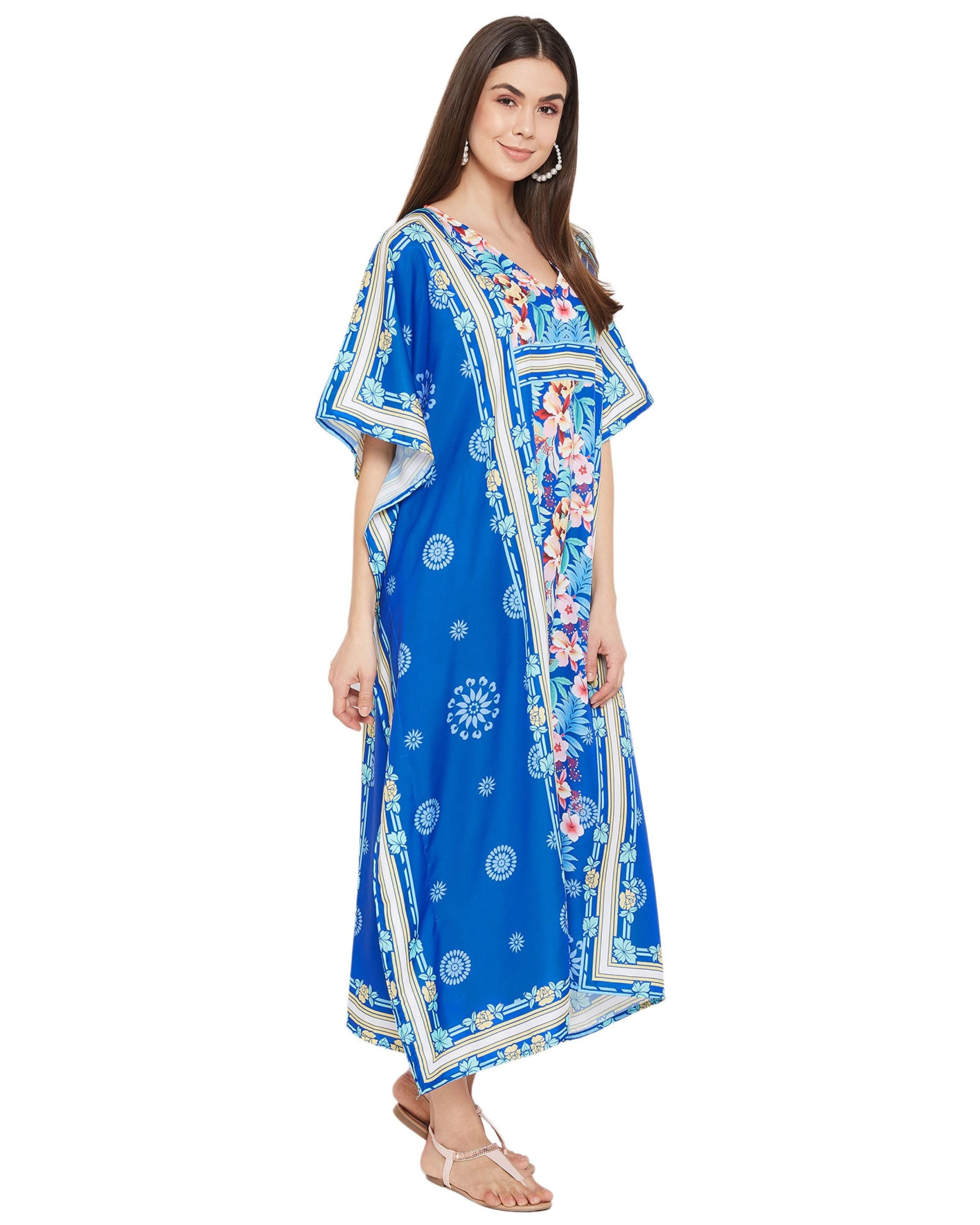 Floral Printed Blue Polyester Kaftan Dress Plus Size For Women