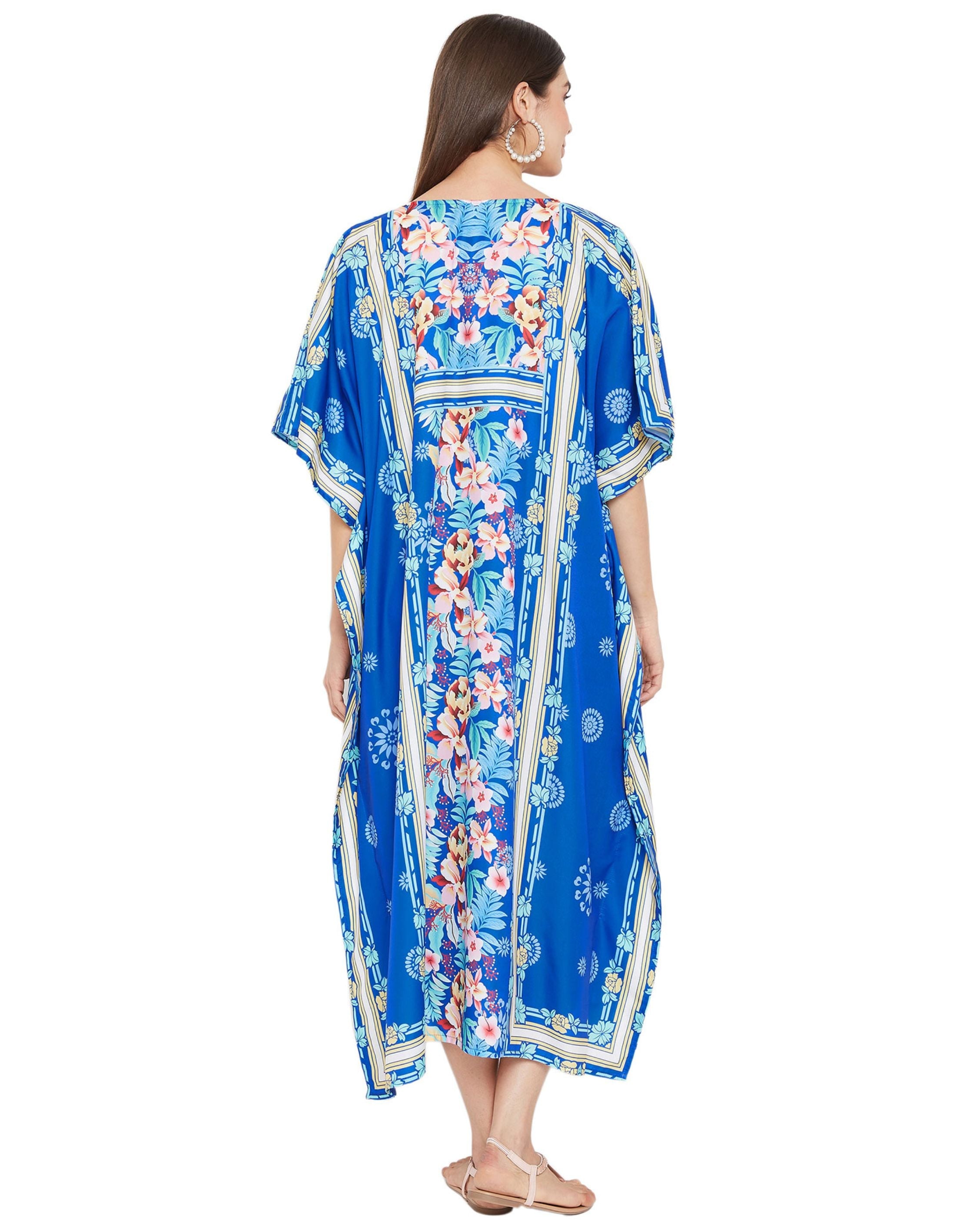 Floral Printed Blue Polyester Kaftan Dress Plus Size For Women