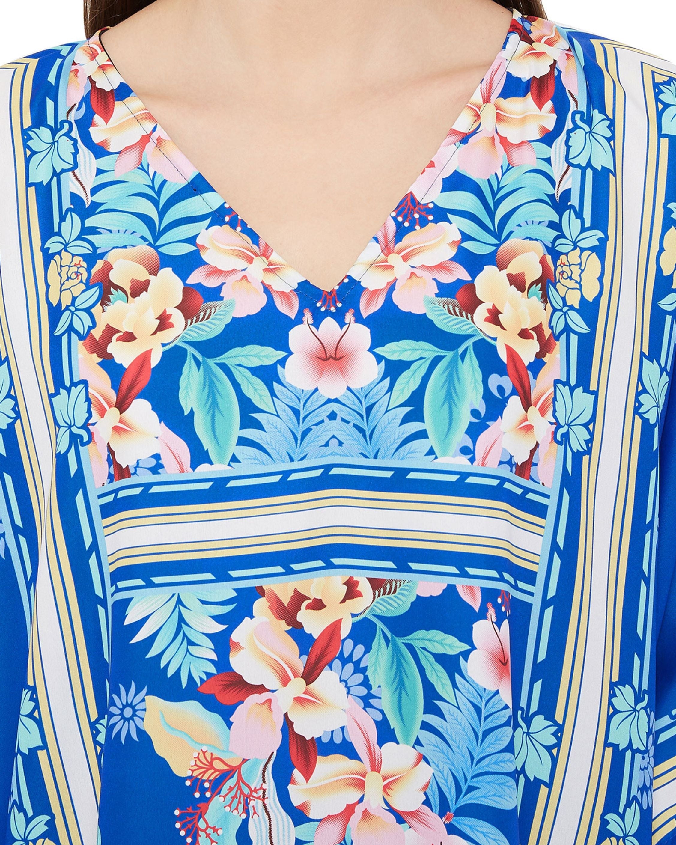 Floral Printed Blue Polyester Kaftan Dress Plus Size For Women