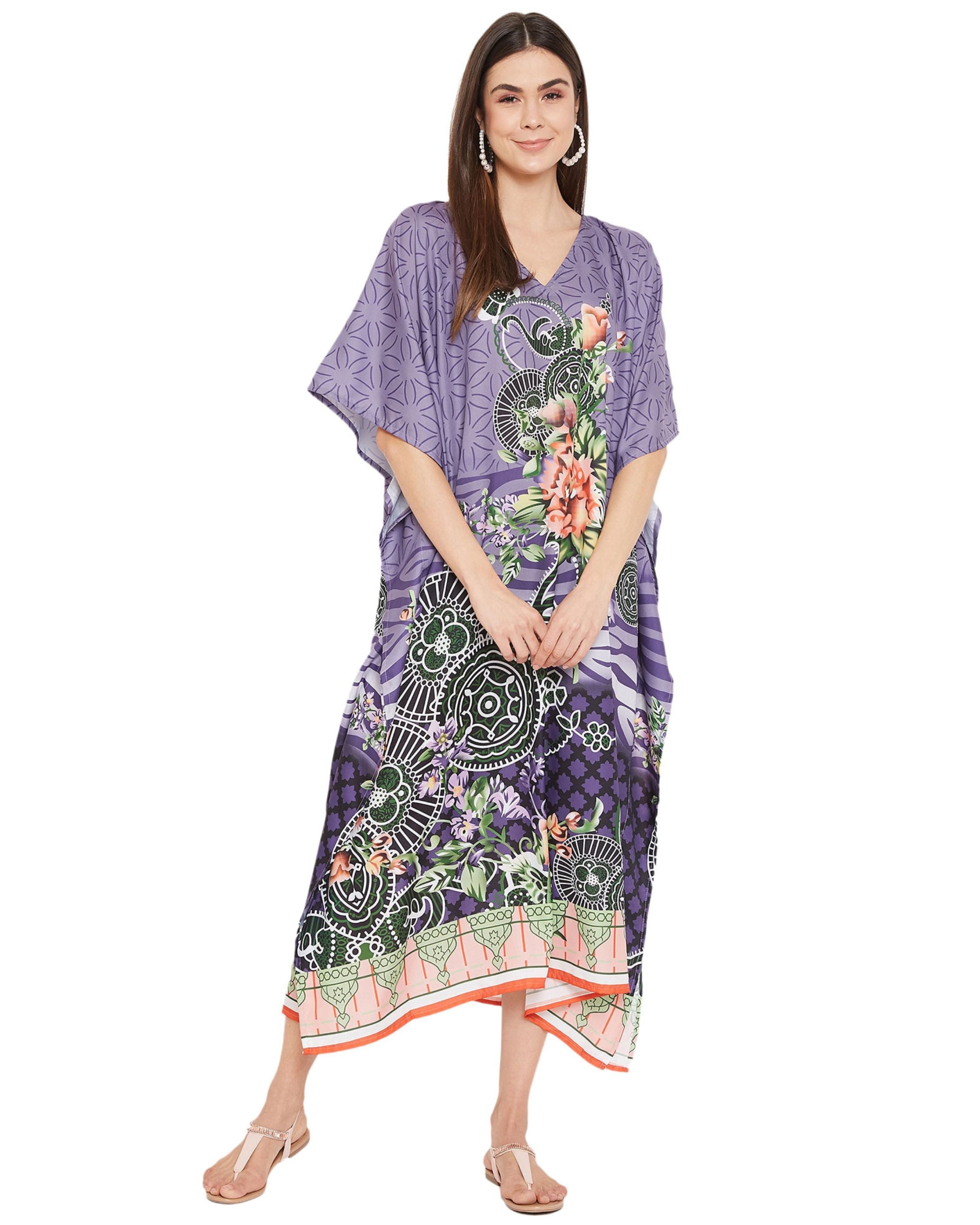 Floral Printed Plus Size Purple Polyester Kaftan Dress For Women