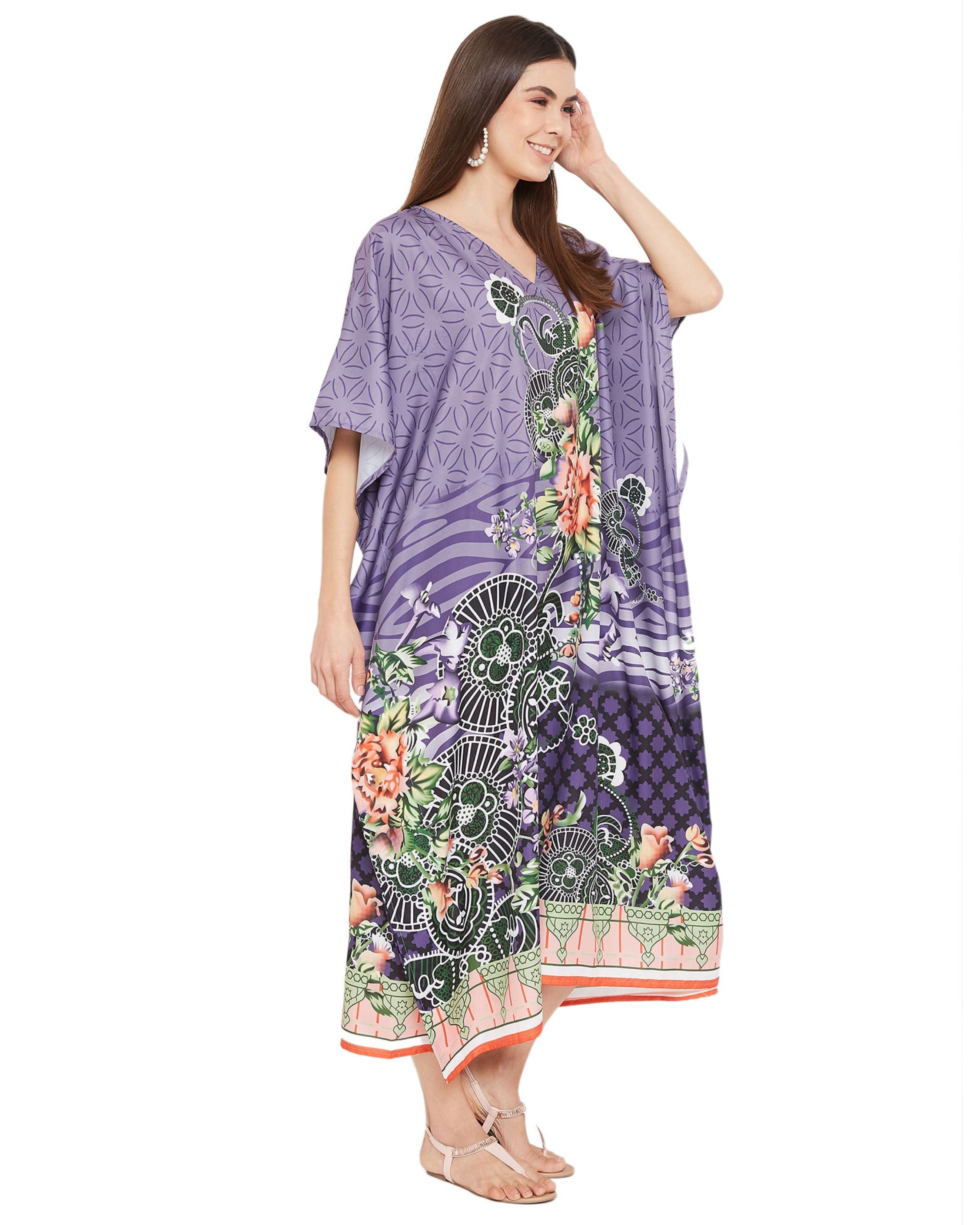 Floral Printed Plus Size Purple Polyester Kaftan Dress For Women