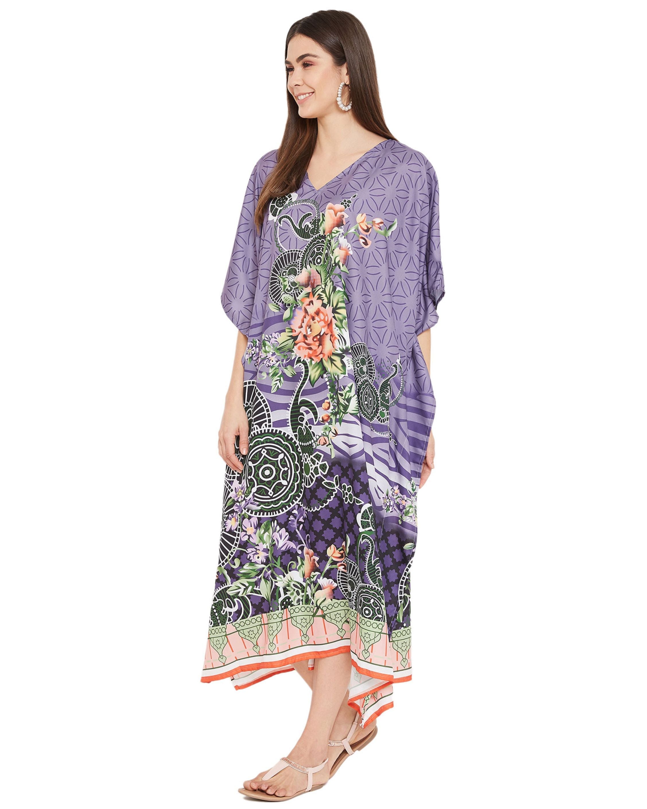 Floral Printed Plus Size Purple Polyester Kaftan Dress For Women