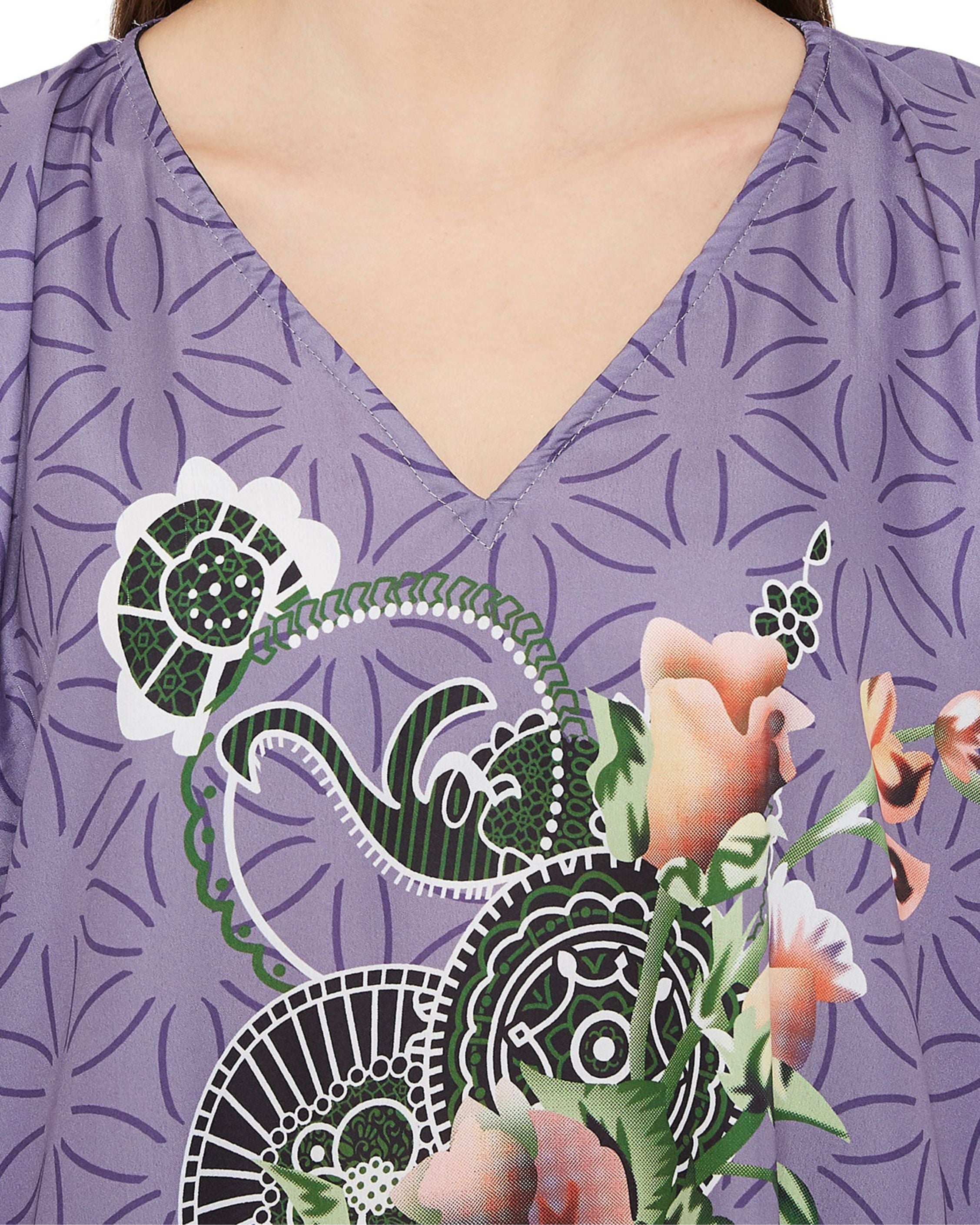 Floral Printed Plus Size Purple Polyester Kaftan Dress For Women