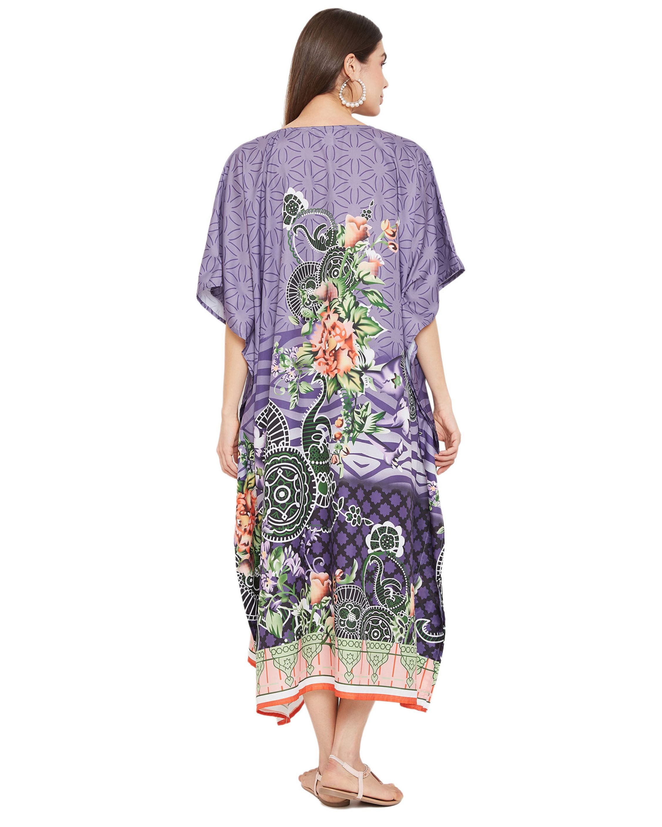 Floral Printed Plus Size Purple Polyester Kaftan Dress For Women