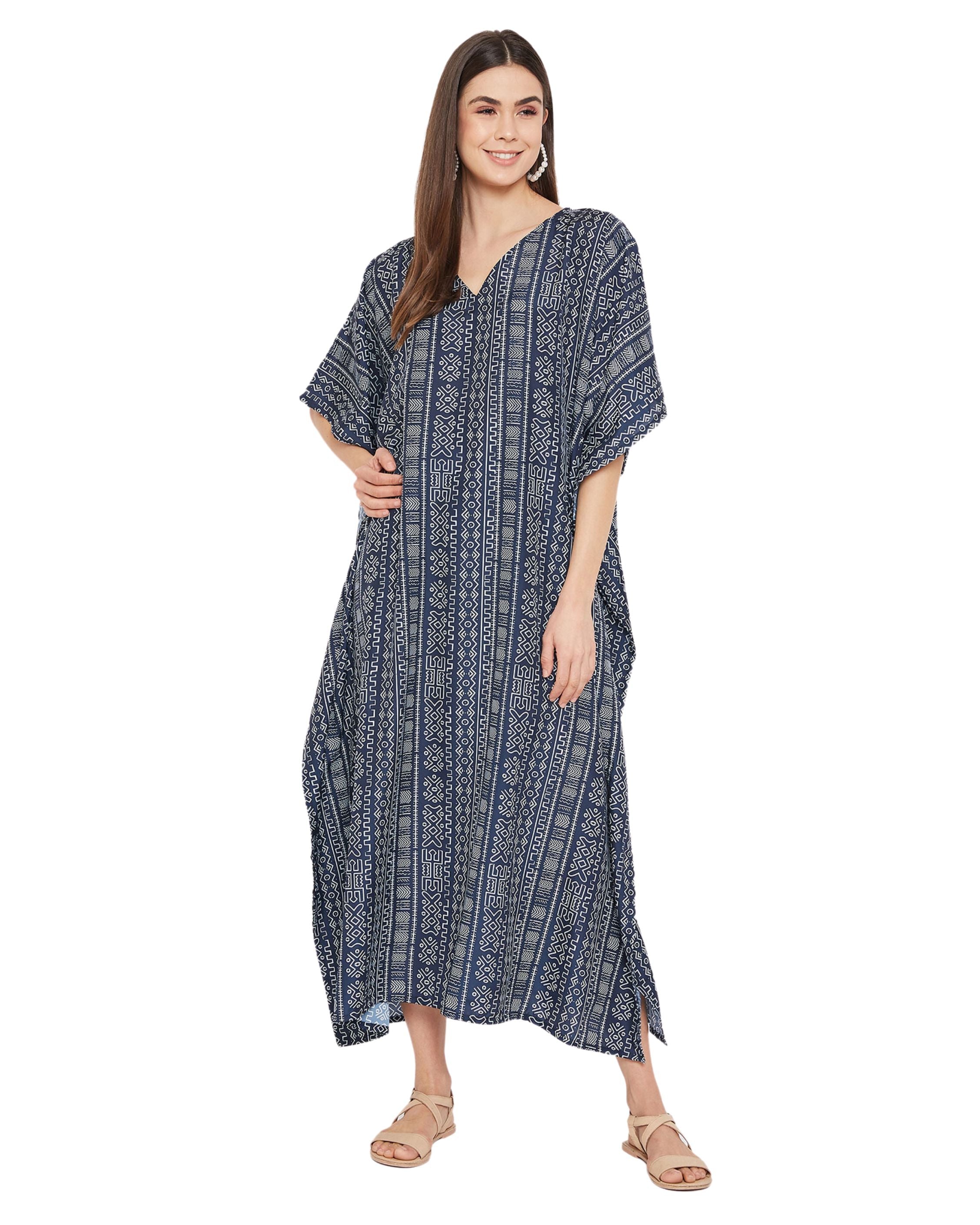 Geometric Printed Navy Blue Polyester Kaftan Dress For Plus Size Women