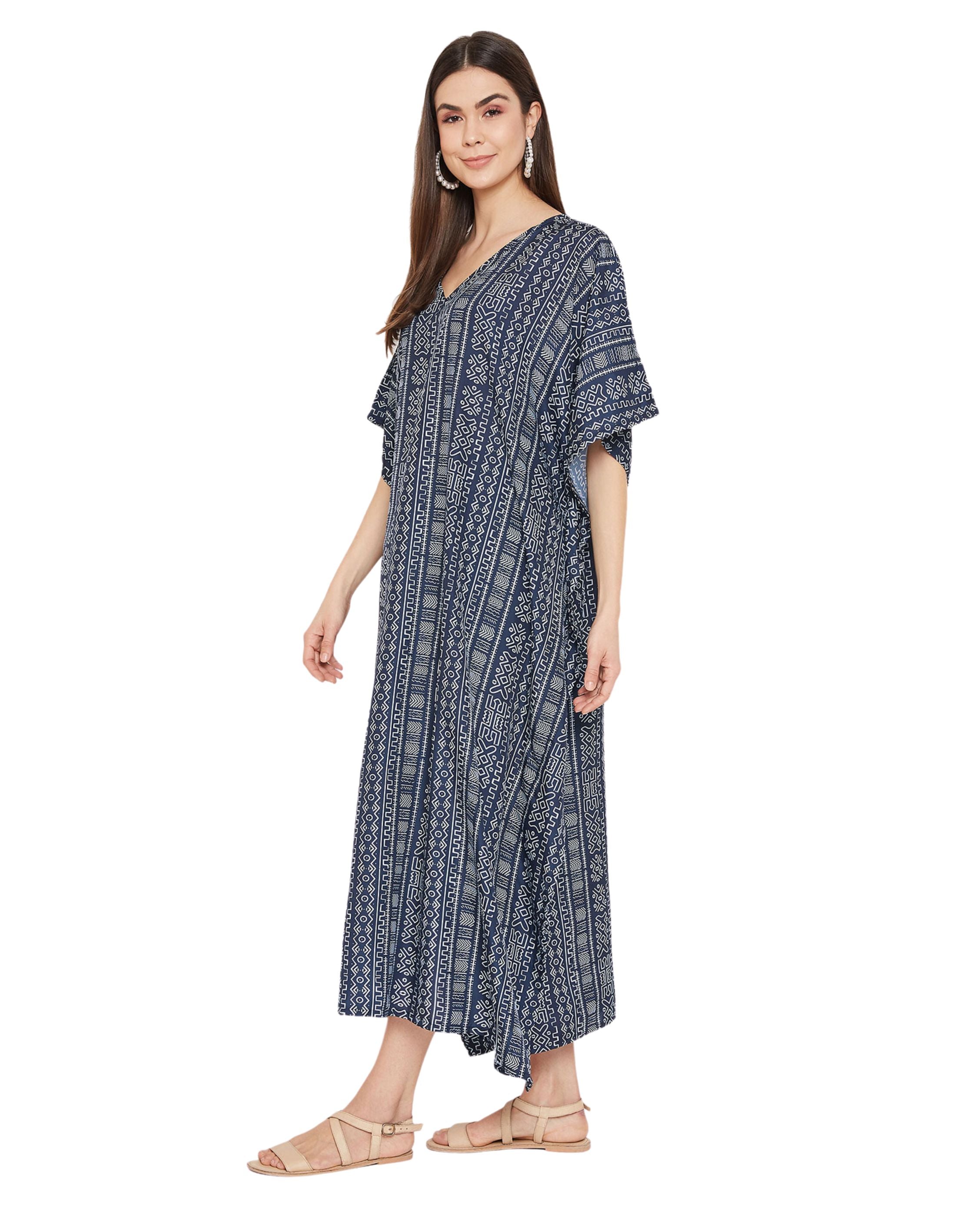 Geometric Printed Navy Blue Polyester Kaftan Dress For Plus Size Women