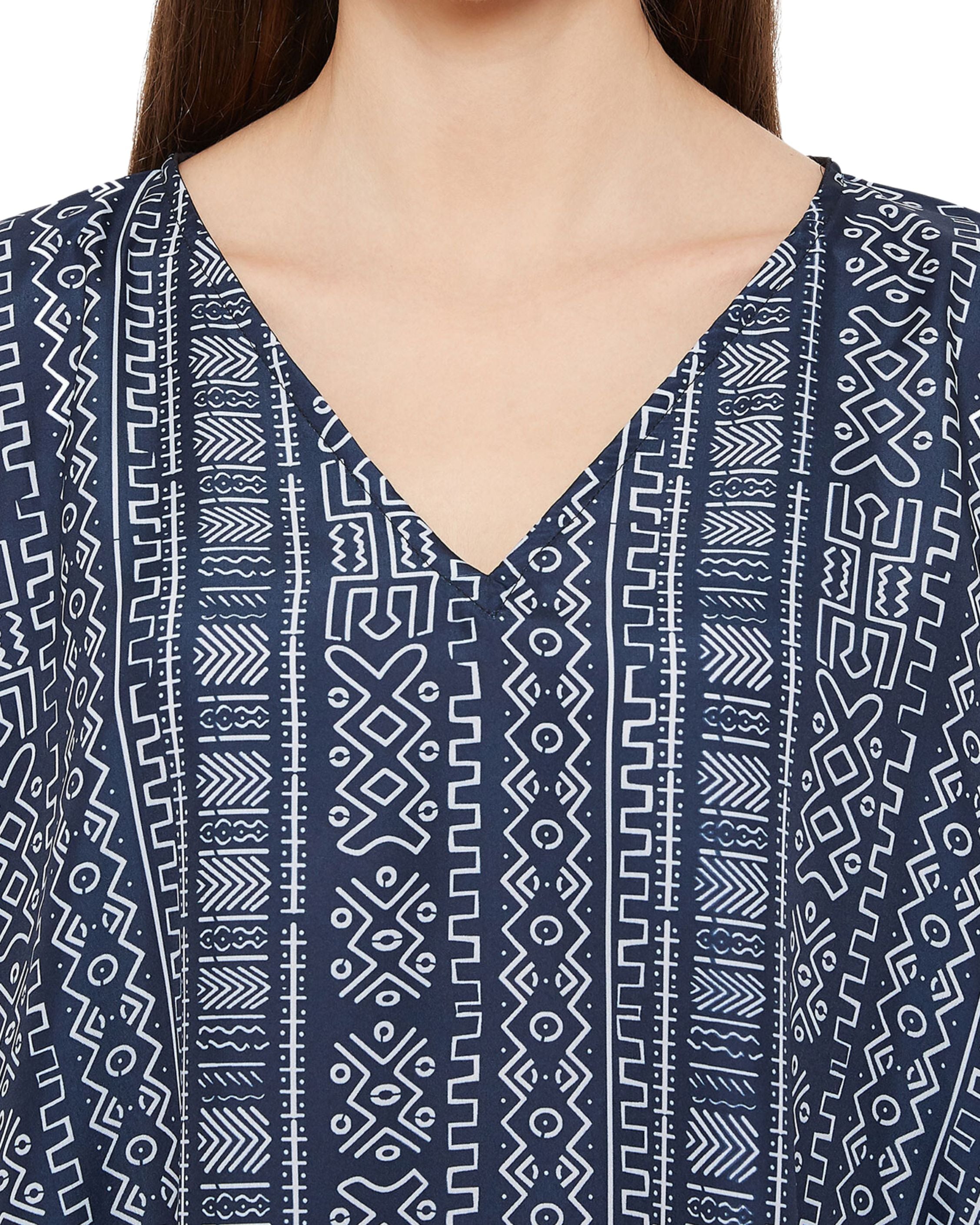 Geometric Printed Navy Blue Polyester Kaftan Dress For Plus Size Women