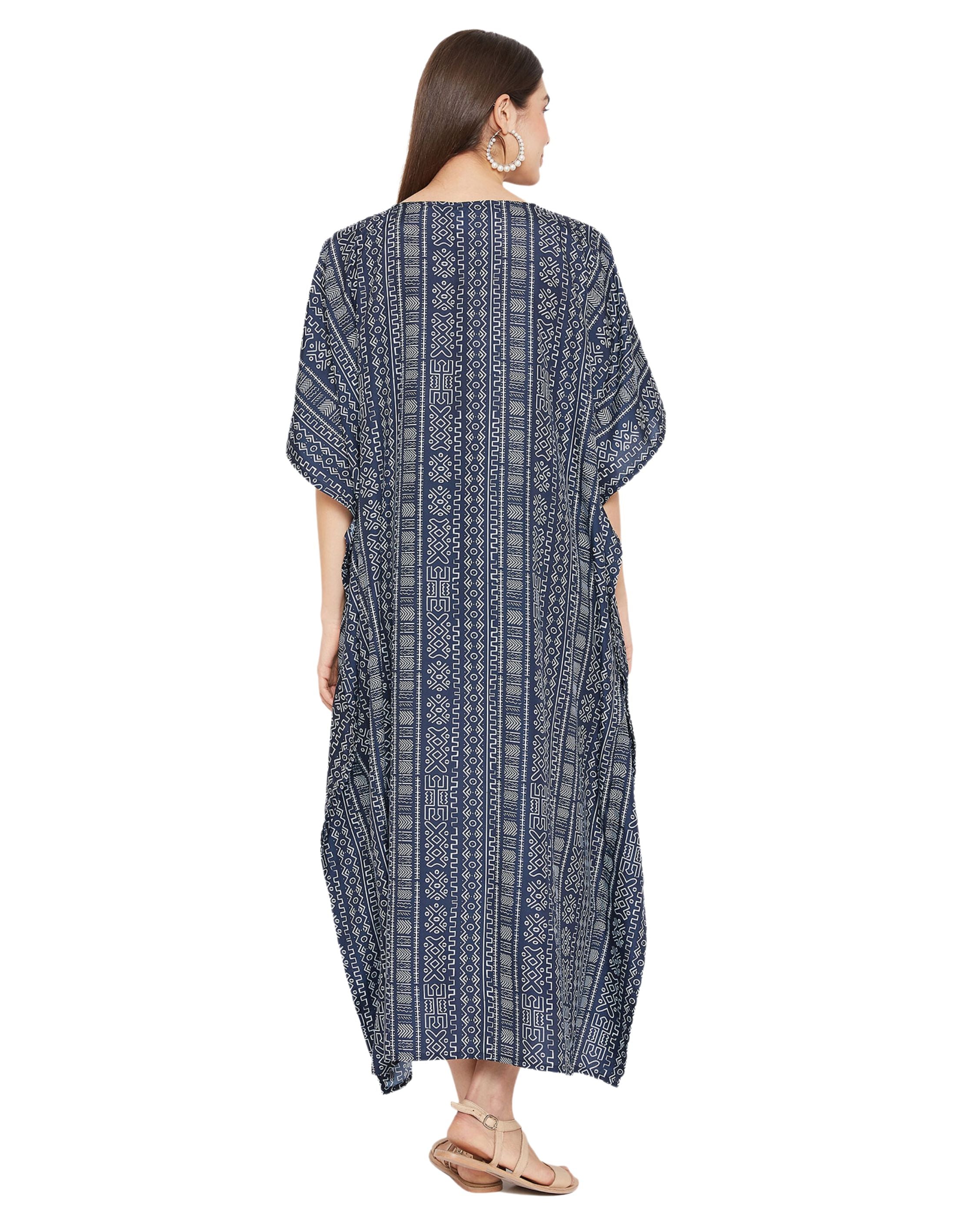 Geometric Printed Navy Blue Polyester Kaftan Dress For Plus Size Women