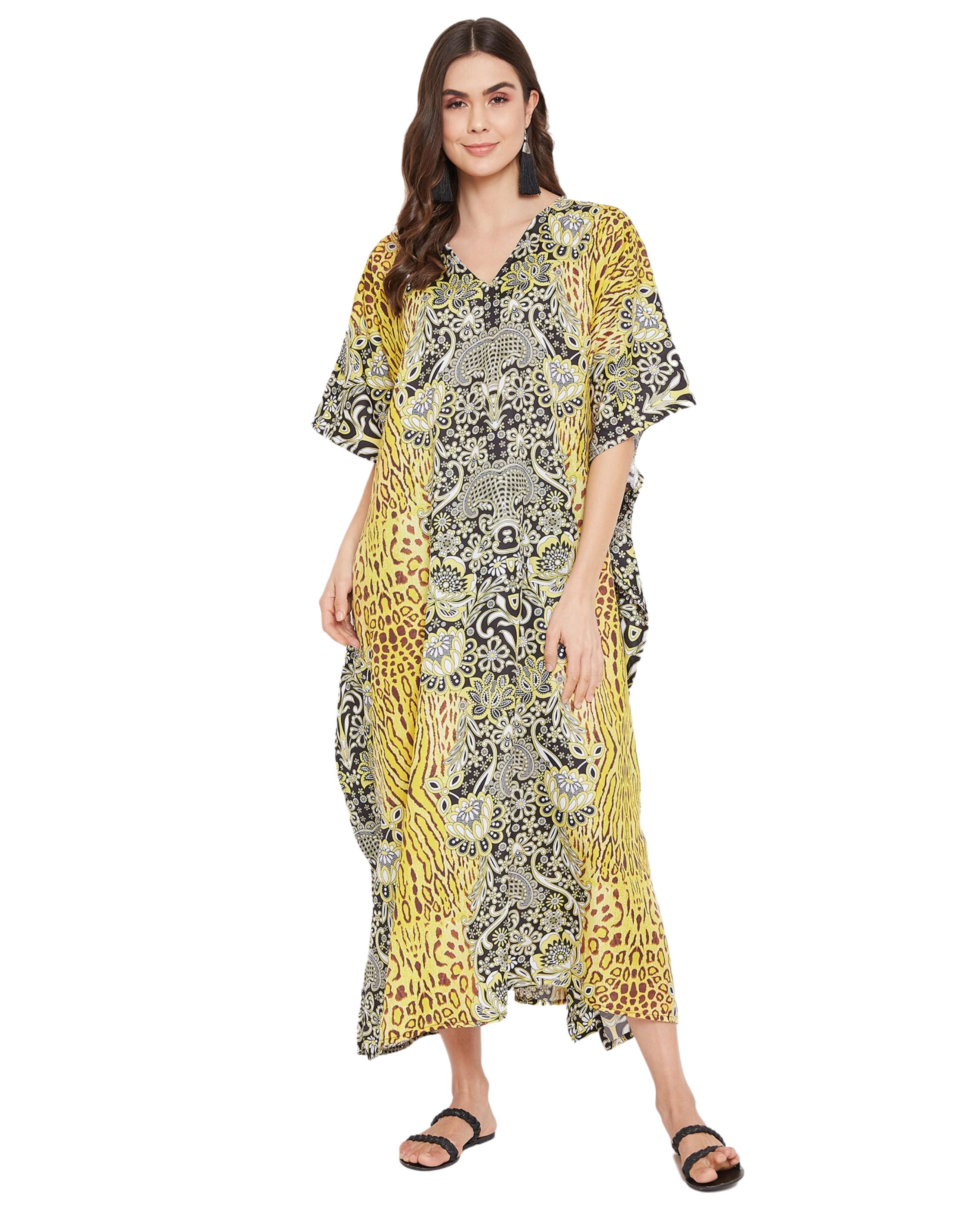 Animal Printed Yellow Polyester Kaftan Dress For Plus Size Women