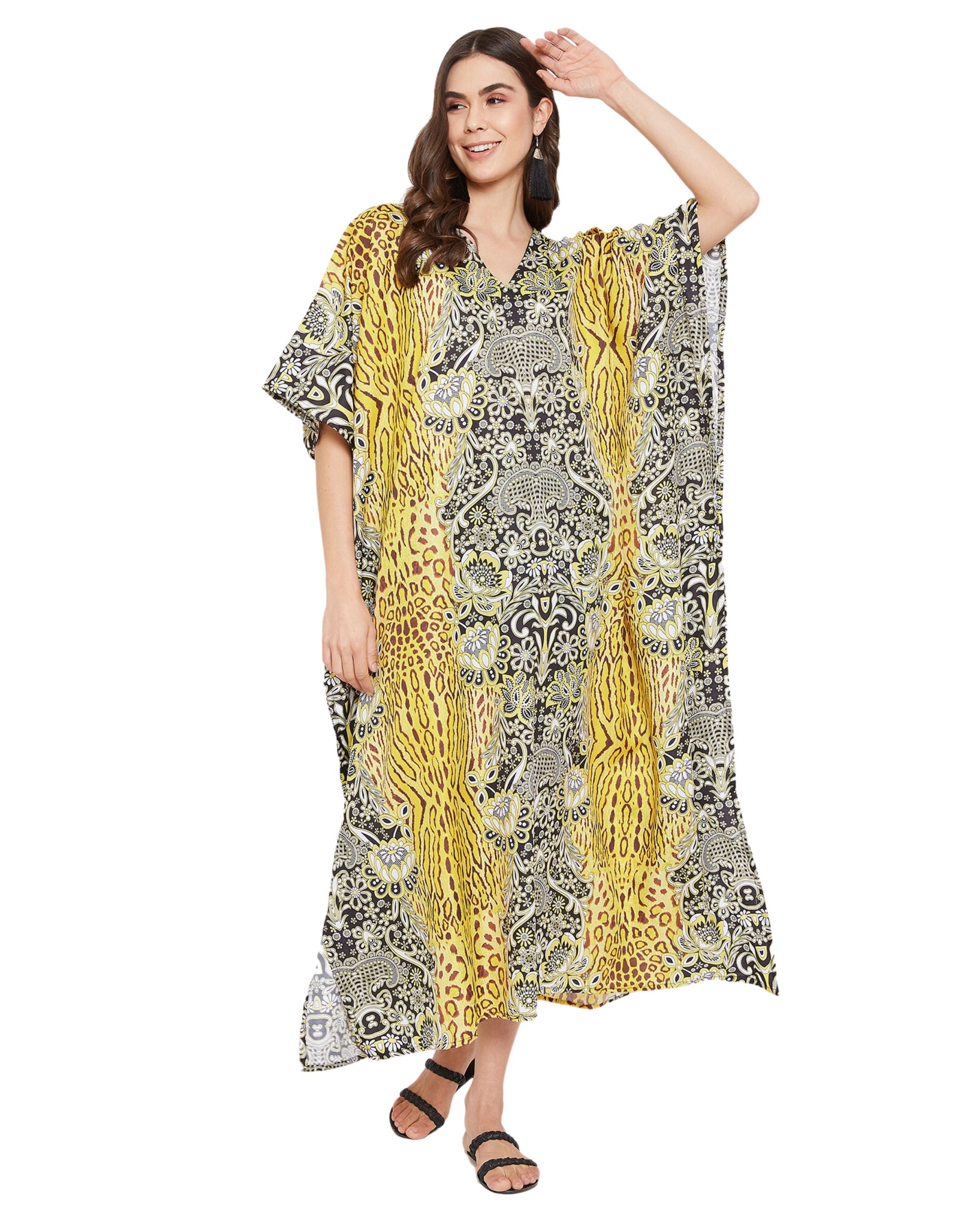 Animal Printed Yellow Polyester Kaftan Dress For Plus Size Women