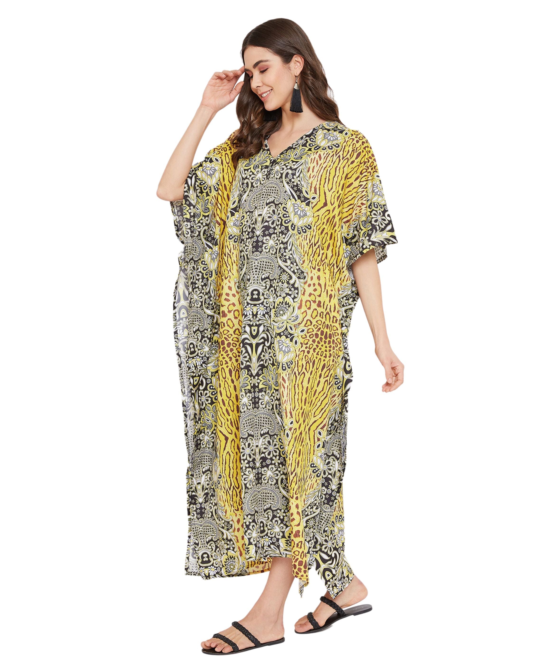 Animal Printed Yellow Polyester Kaftan Dress For Plus Size Women