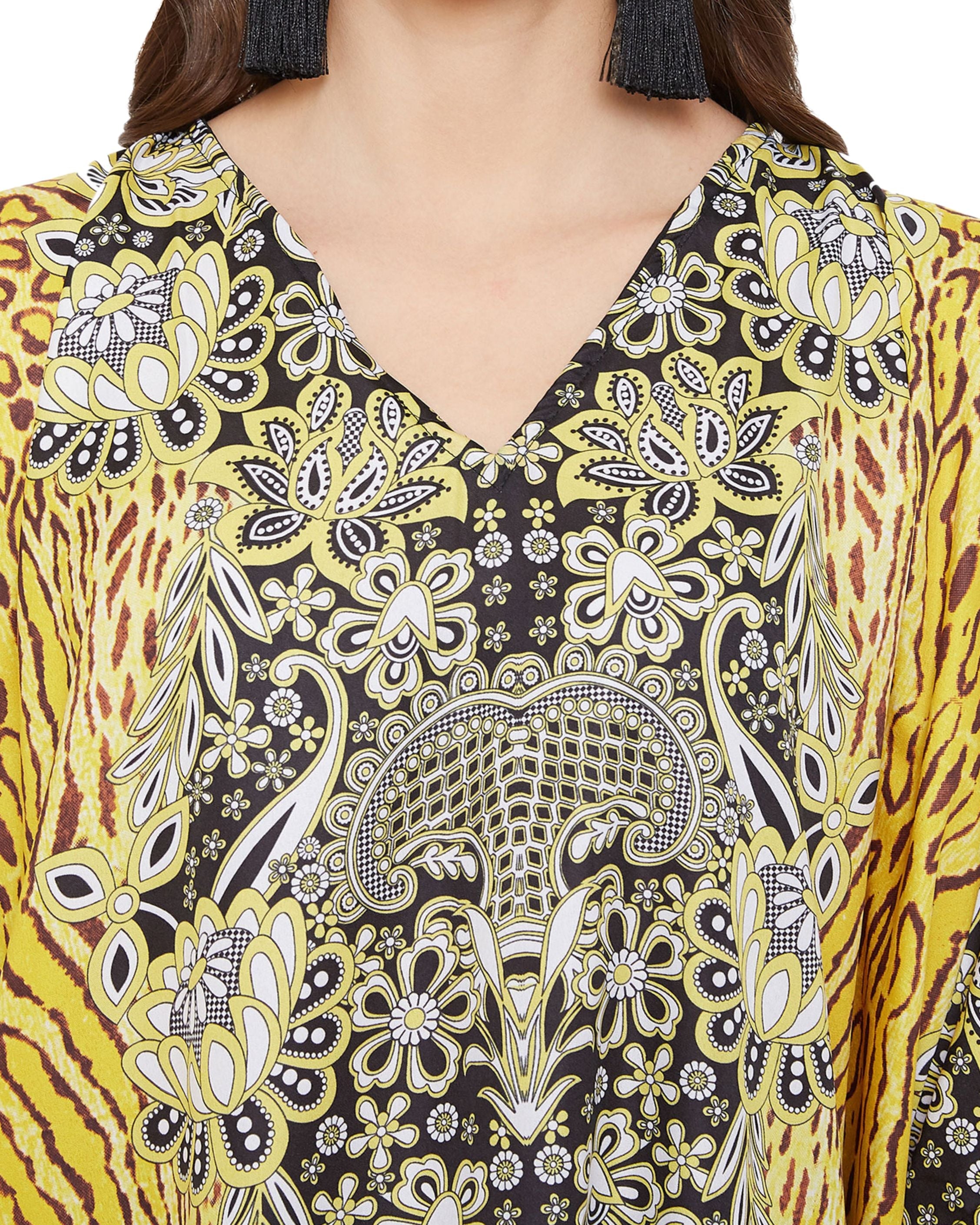 Animal Printed Yellow Polyester Kaftan Dress For Plus Size Women
