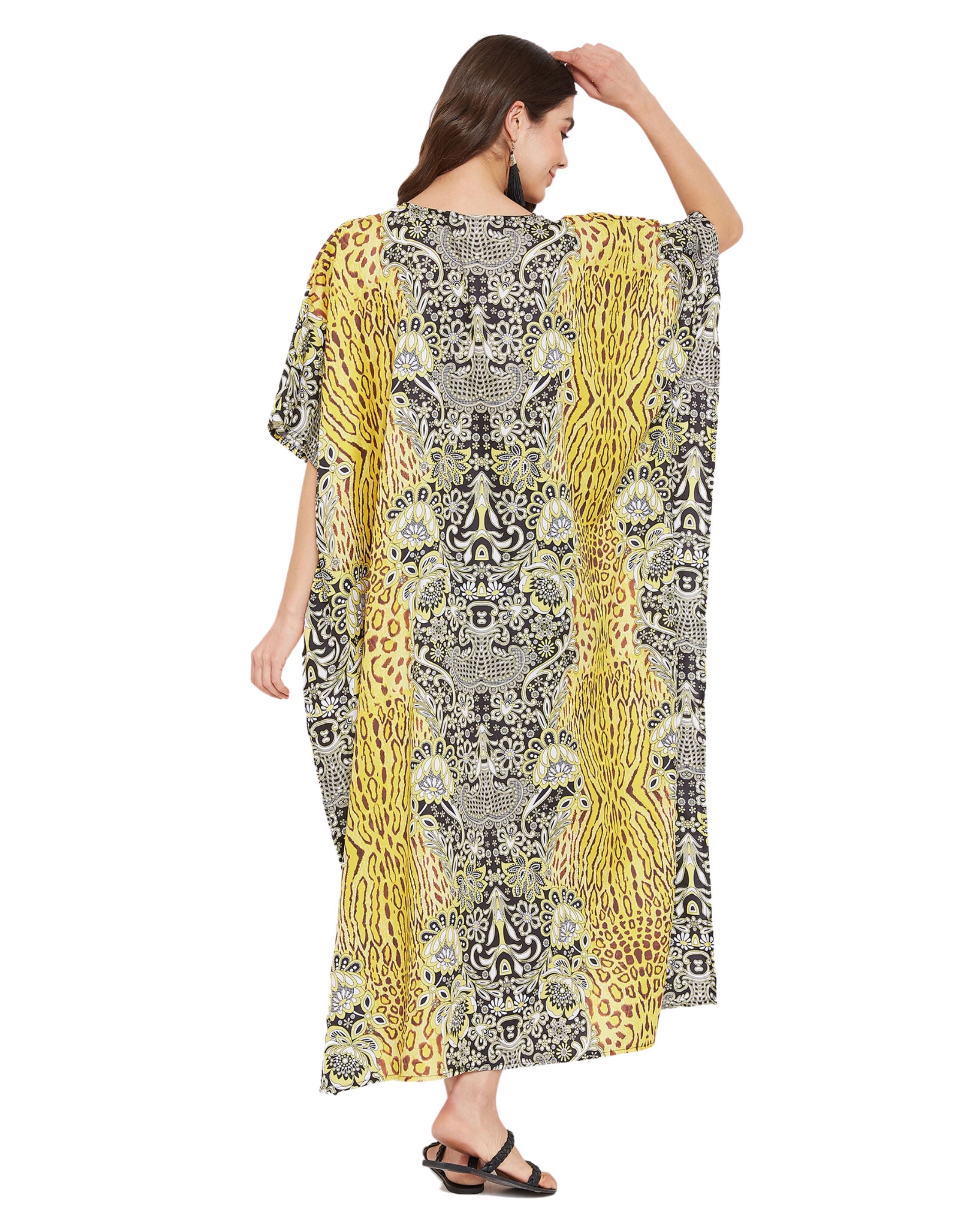 Animal Printed Yellow Polyester Kaftan Dress For Plus Size Women