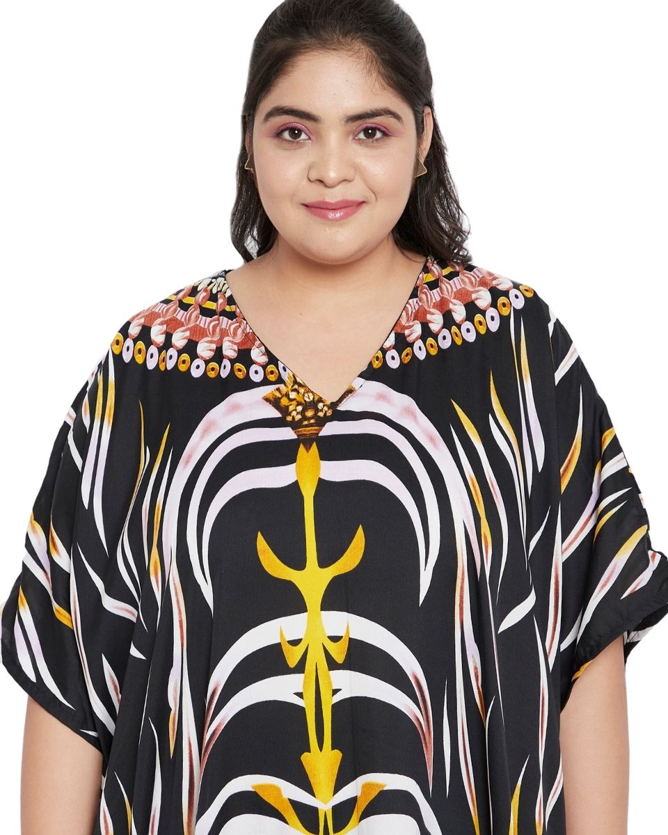 Black Tribal Printed Polyester Plus Size Kaftan Dress For Women