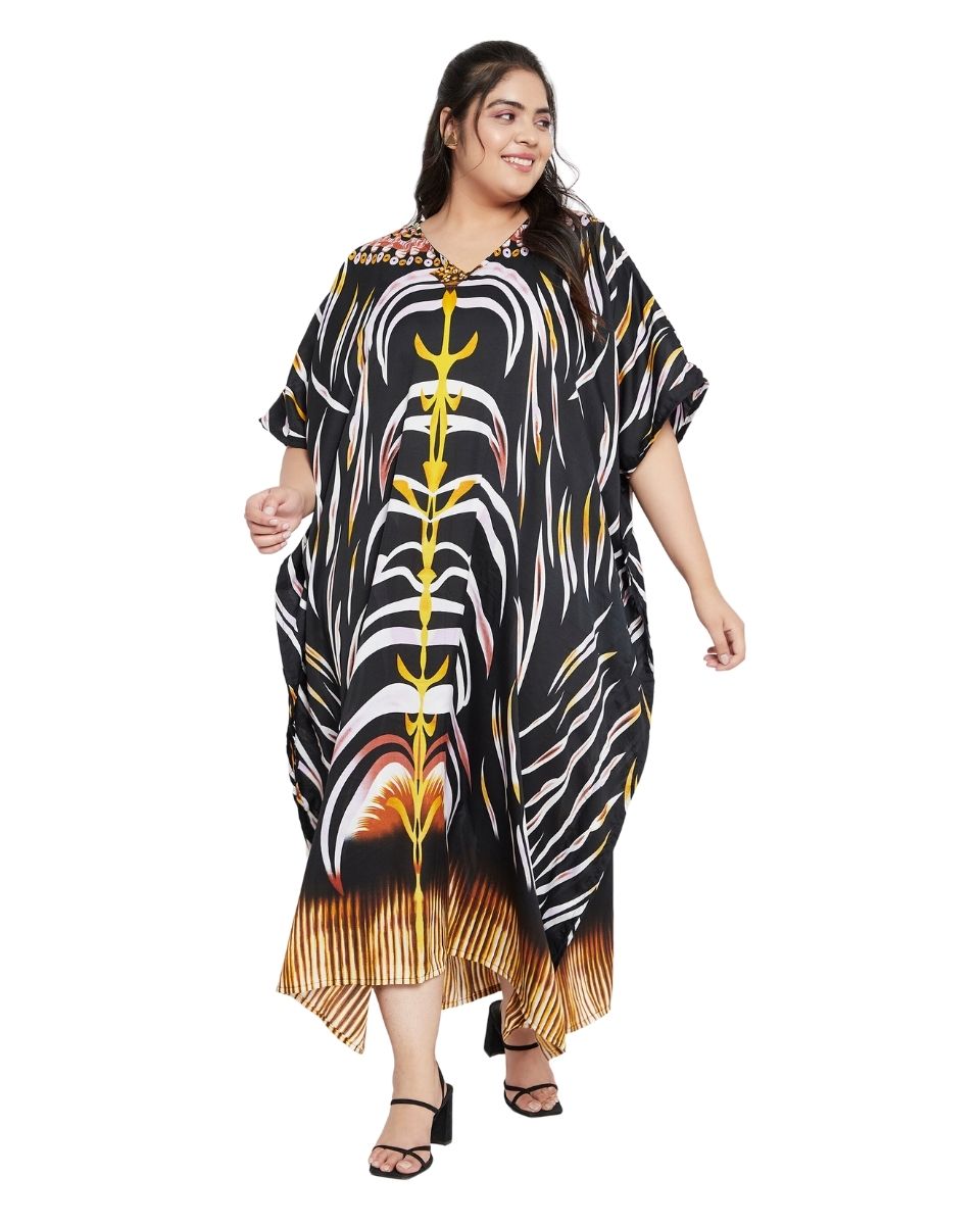 Black Tribal Printed Polyester Plus Size Kaftan Dress For Women
