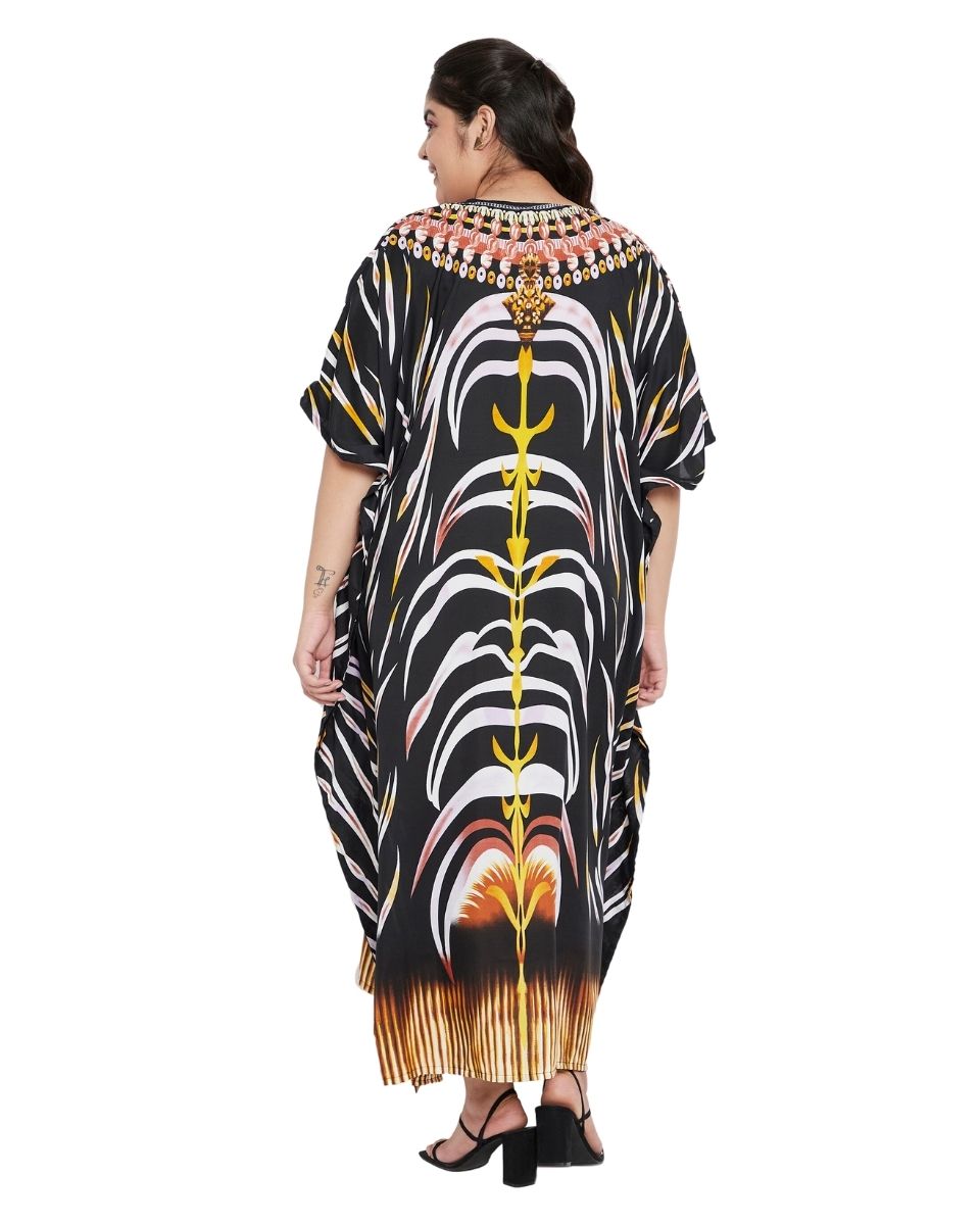 Black Tribal Printed Polyester Plus Size Kaftan Dress For Women