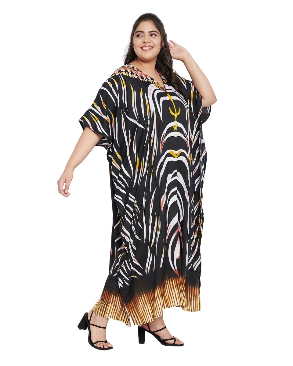 Black Tribal Printed Polyester Plus Size Kaftan Dress For Women