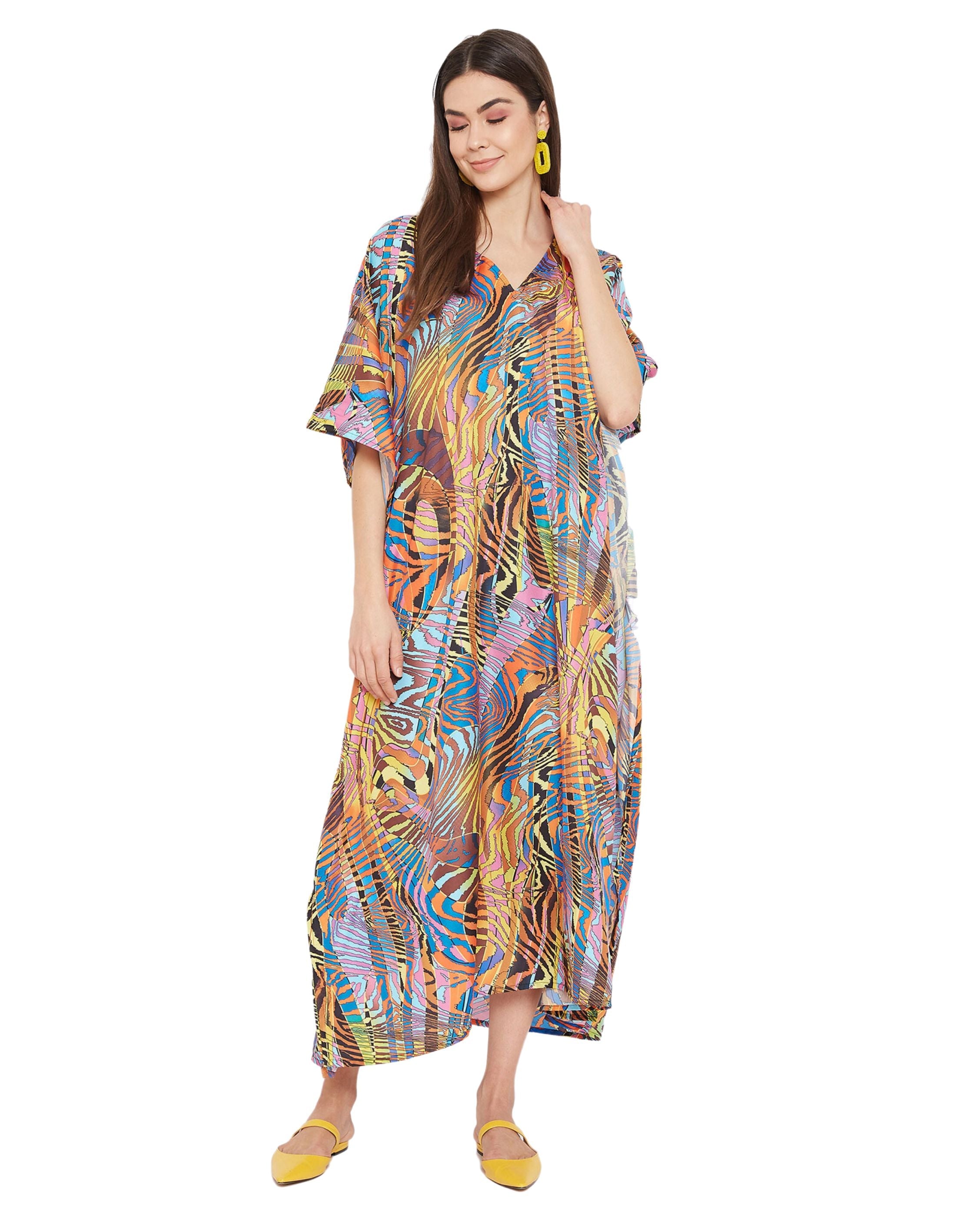 Abstract Printed Multicolor Polyester Kaftan Dress For Plus Size Women