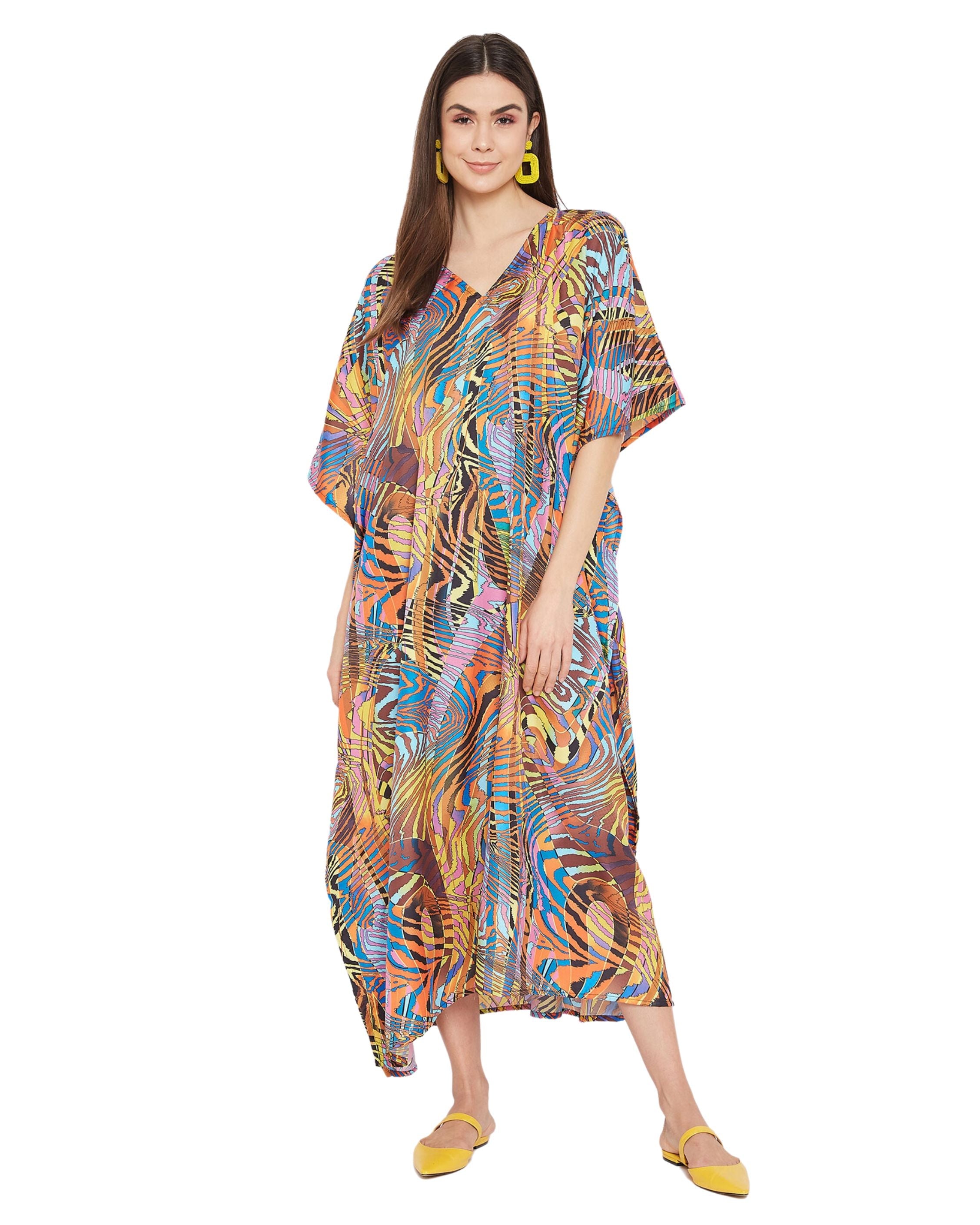 Abstract Printed Multicolor Polyester Kaftan Dress For Plus Size Women