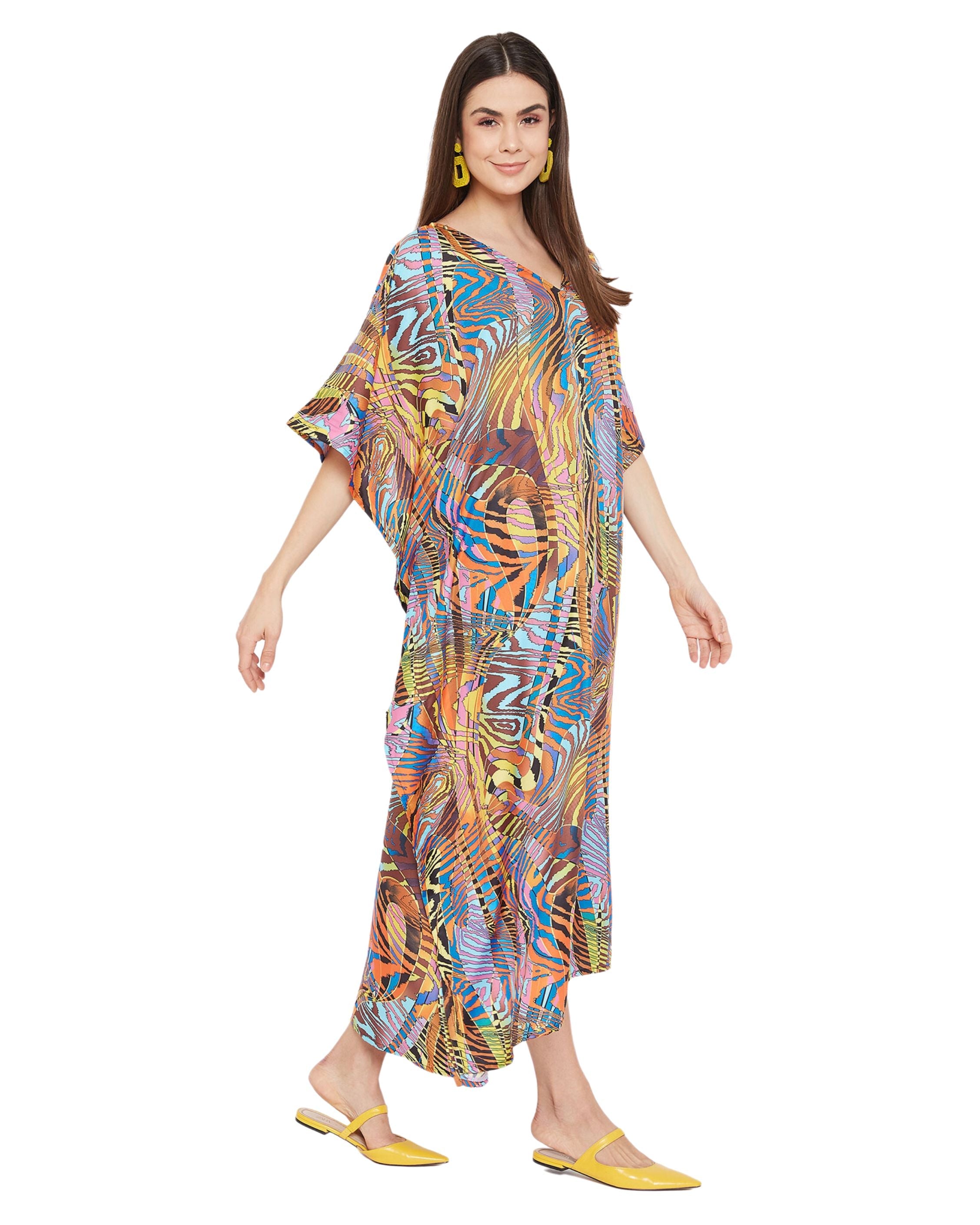 Abstract Printed Multicolor Polyester Kaftan Dress For Plus Size Women