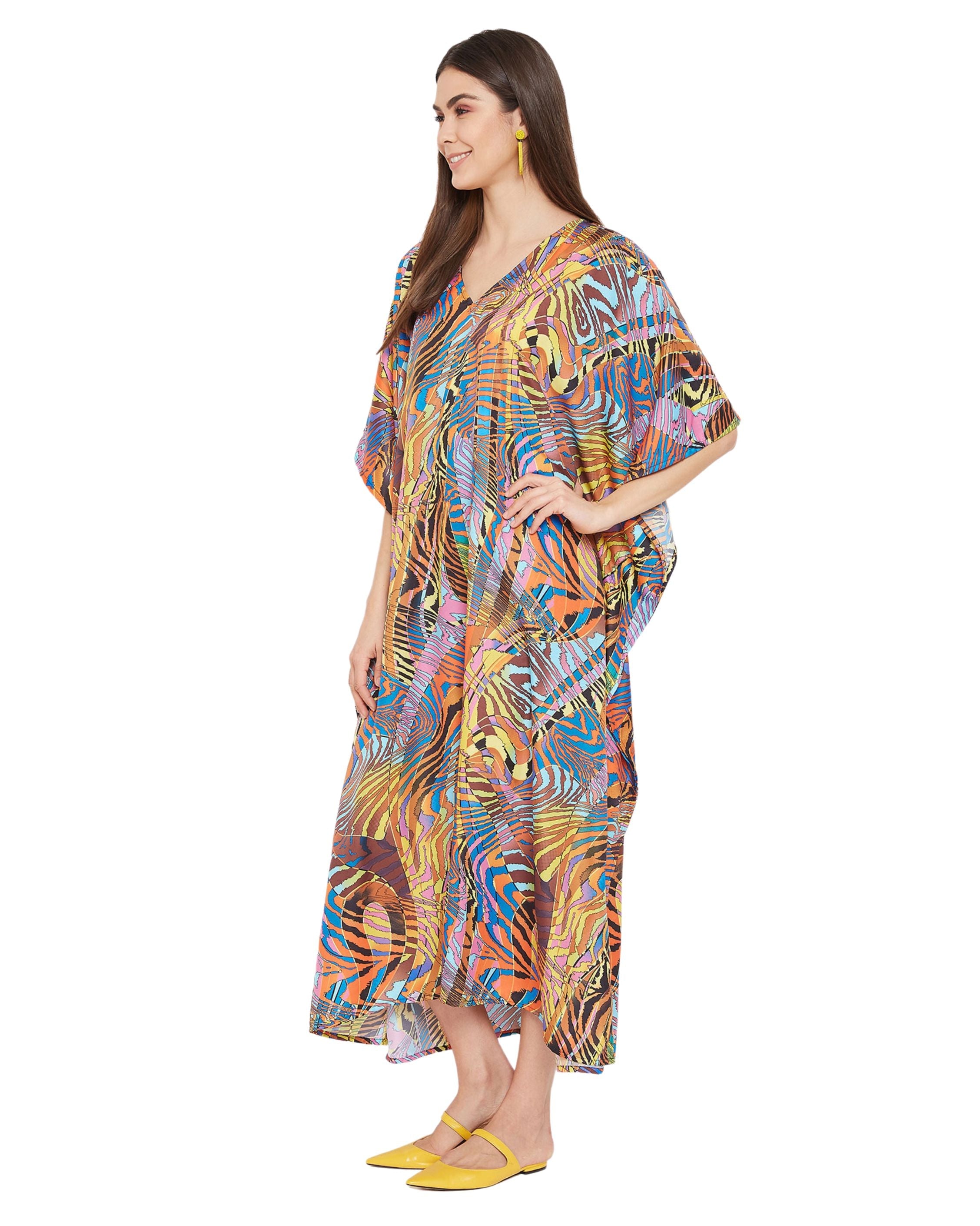 Abstract Printed Multicolor Polyester Kaftan Dress For Plus Size Women
