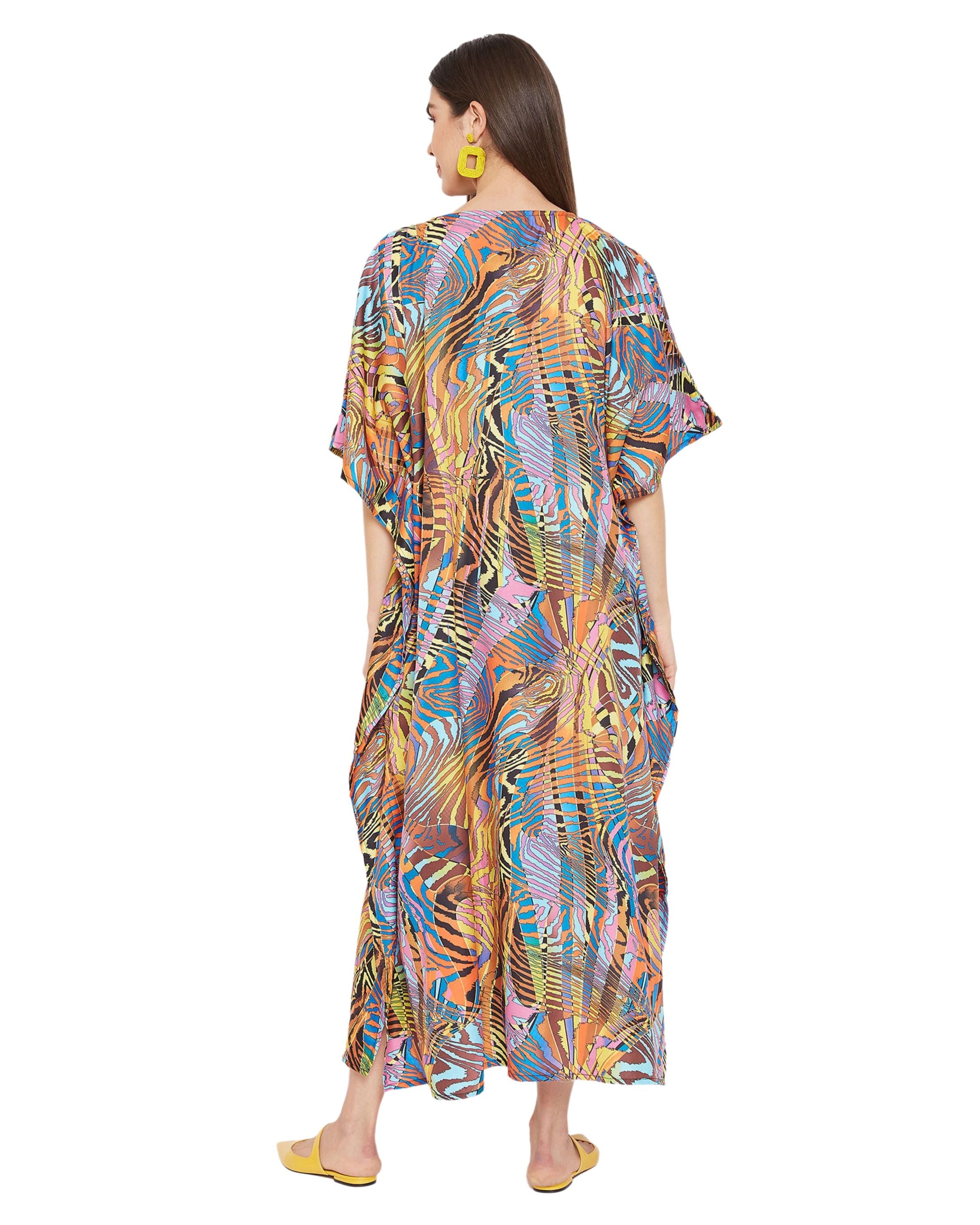 Abstract Printed Multicolor Polyester Kaftan Dress For Plus Size Women