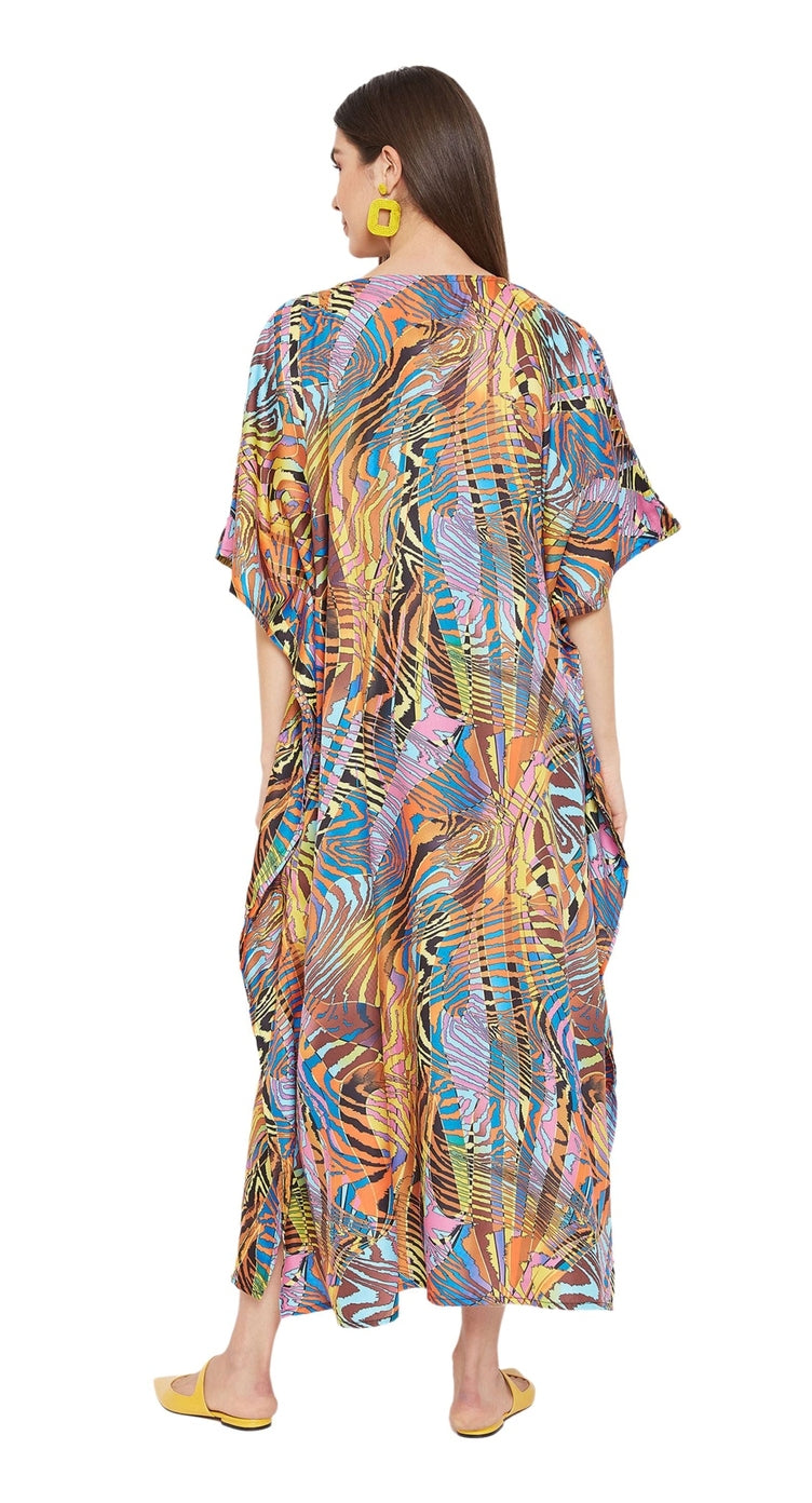 Multicolor abstract feather print plus size kaftan with V-neck — additional angle