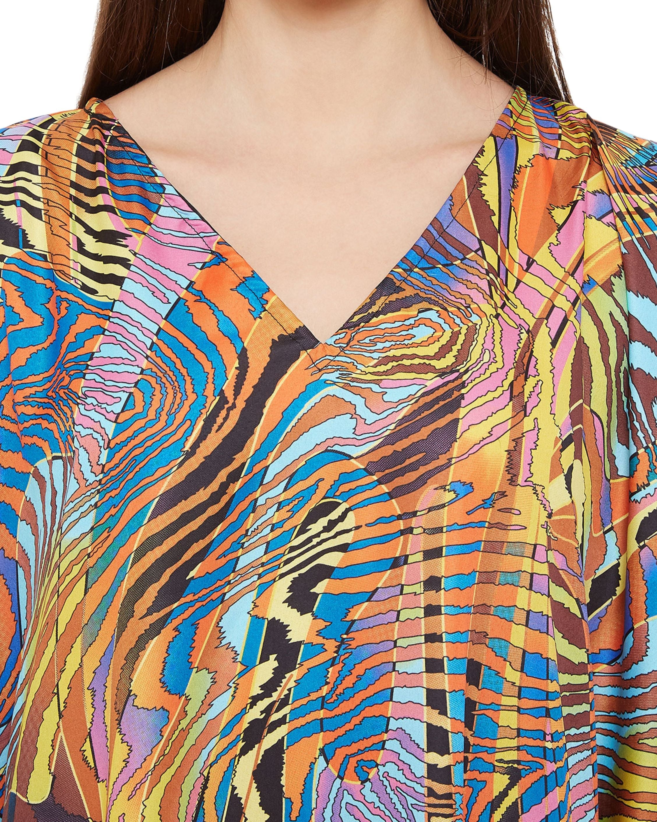 Abstract Printed Multicolor Polyester Kaftan Dress For Plus Size Women