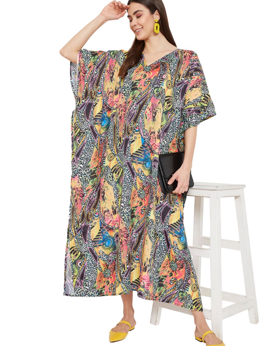 Animal Printed Multicolor Polyester Kaftan For Plus Size Women