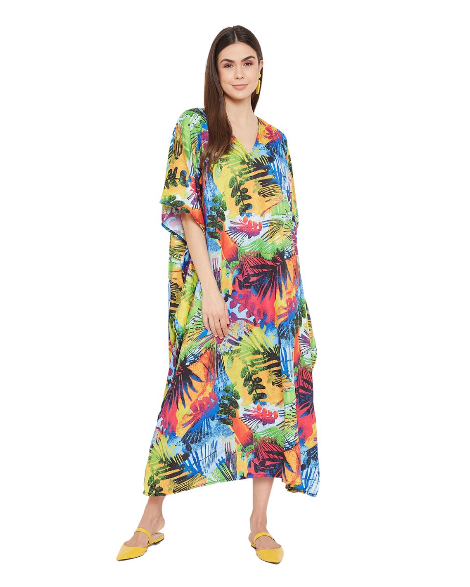 Leaf Printed Multicolor Plus Size Polyester Kaftan Dress For Women