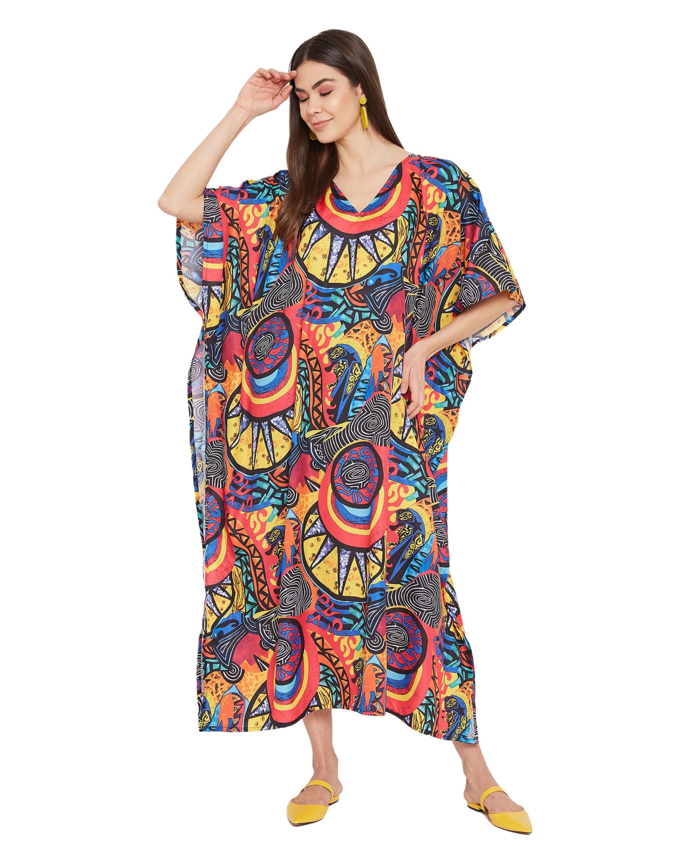 Abstract Printed Multicolor Polyester Kaftan Dress Plus Size for Women