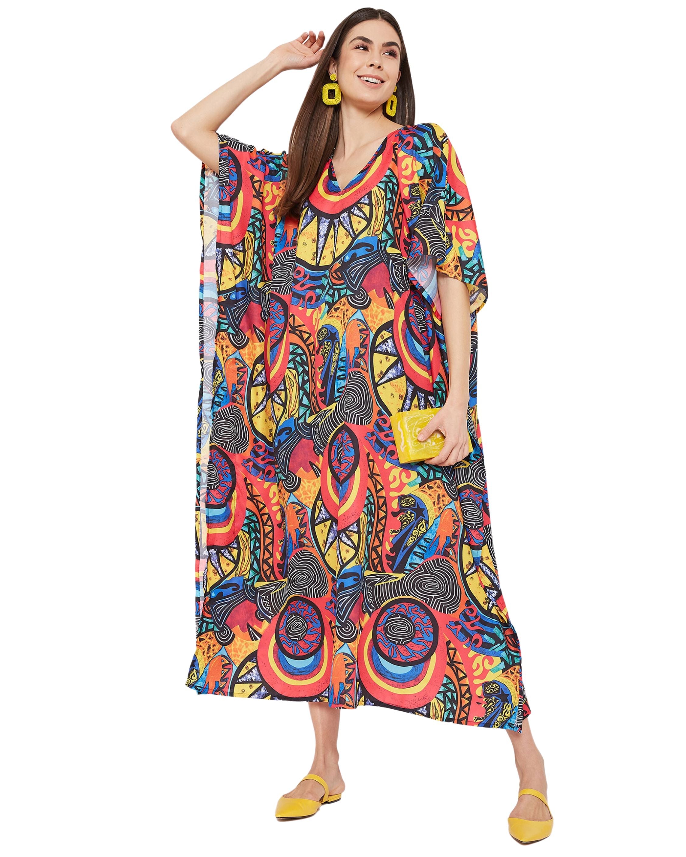 Abstract Printed Multicolor Polyester Kaftan Dress Plus Size for Women