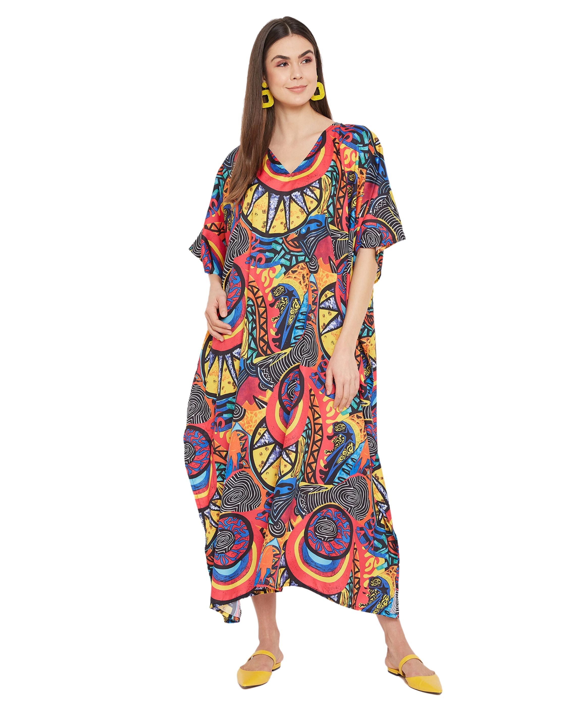 Abstract Printed Multicolor Polyester Kaftan Dress Plus Size for Women