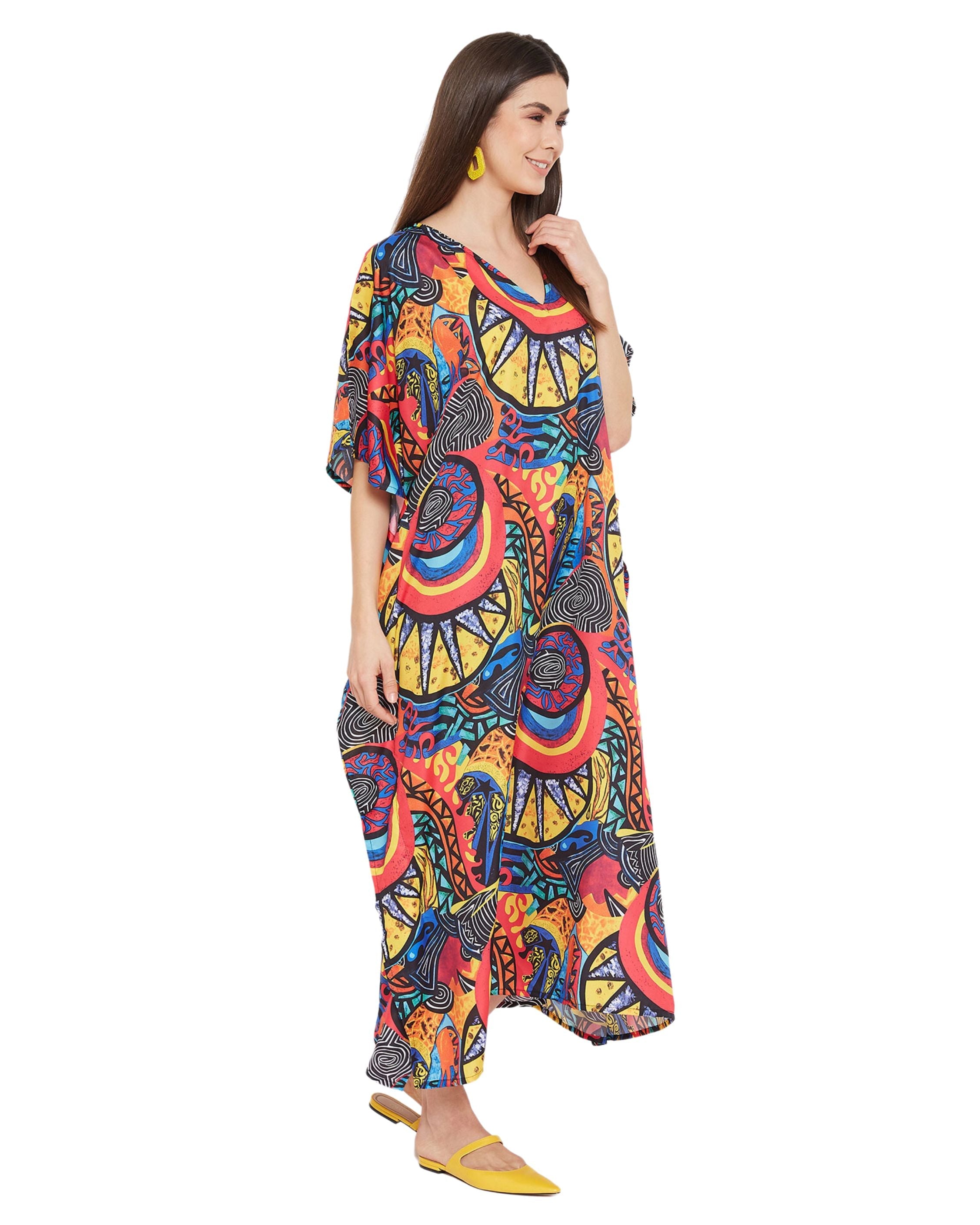 Abstract Printed Multicolor Polyester Kaftan Dress Plus Size for Women