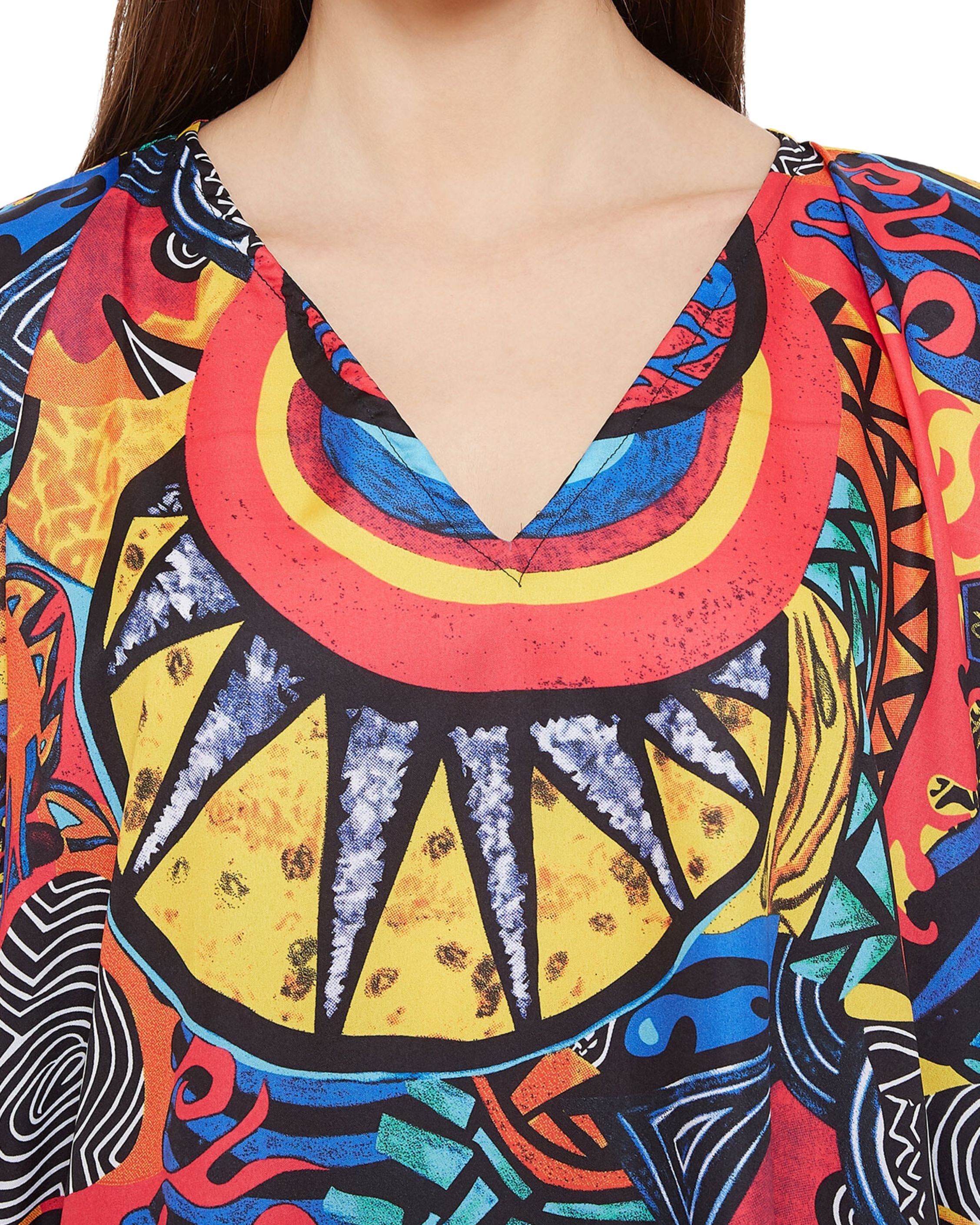 Abstract Printed Multicolor Polyester Kaftan Dress Plus Size for Women