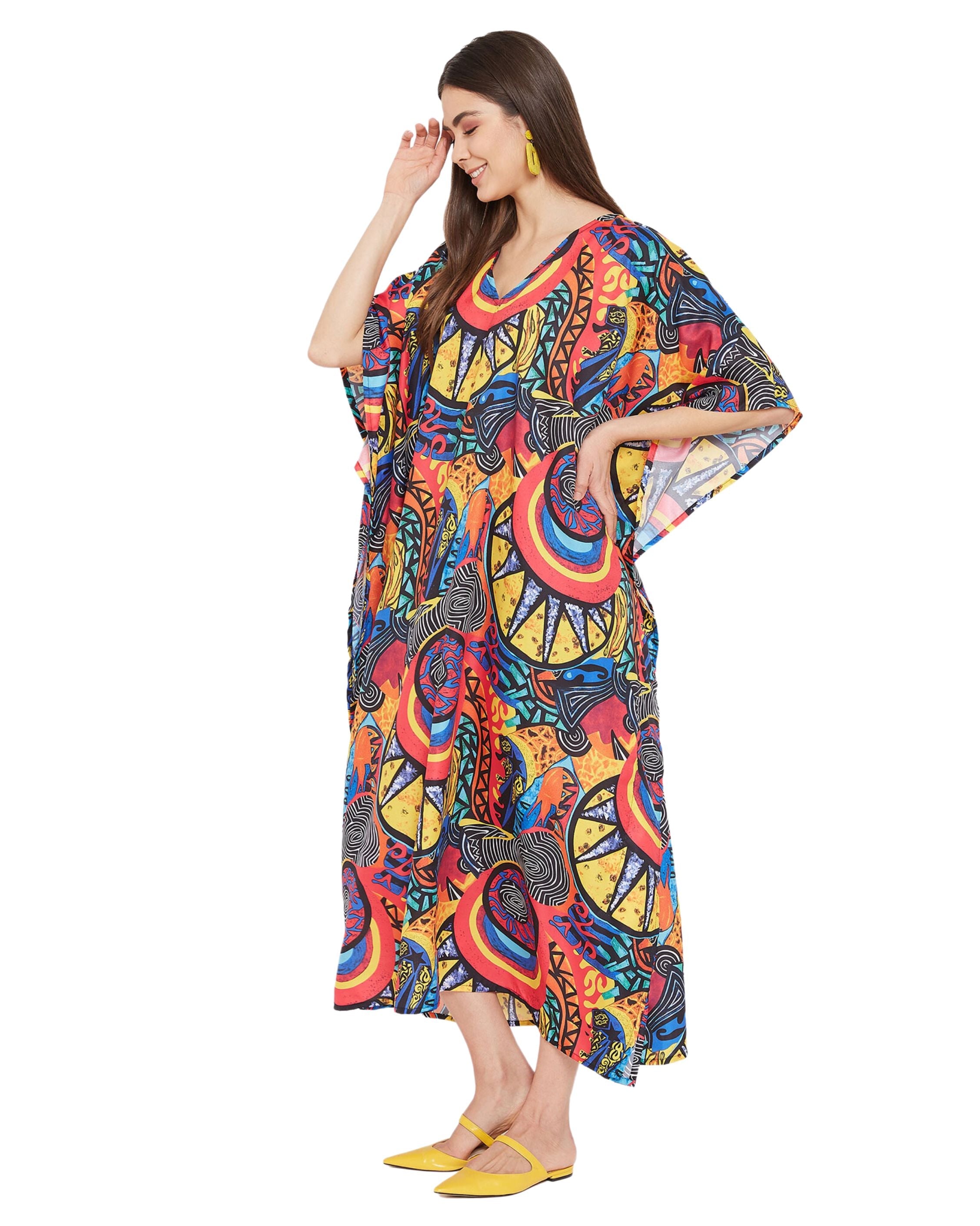 Abstract Printed Multicolor Polyester Kaftan Dress Plus Size for Women