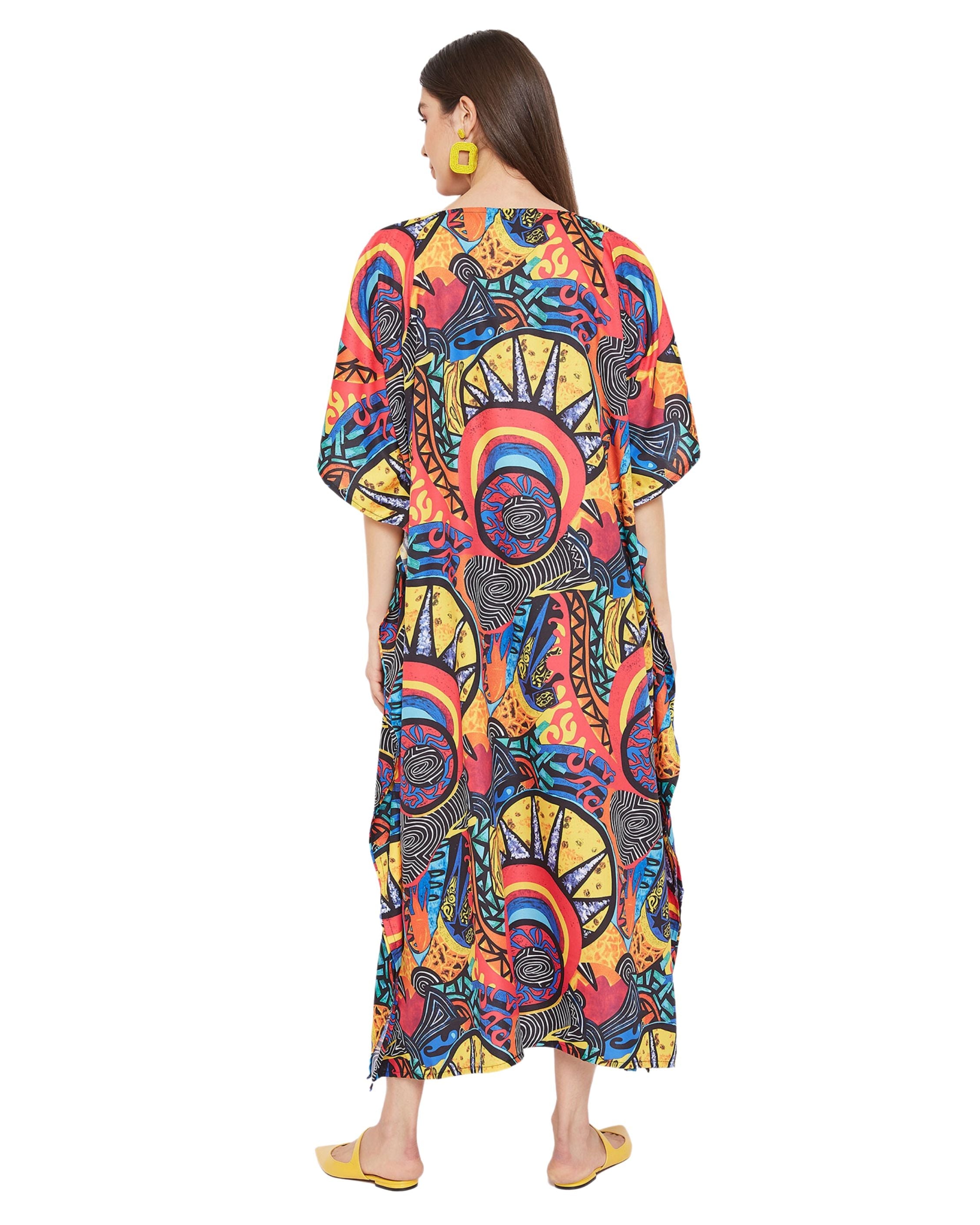 Abstract Printed Multicolor Polyester Kaftan Dress Plus Size for Women