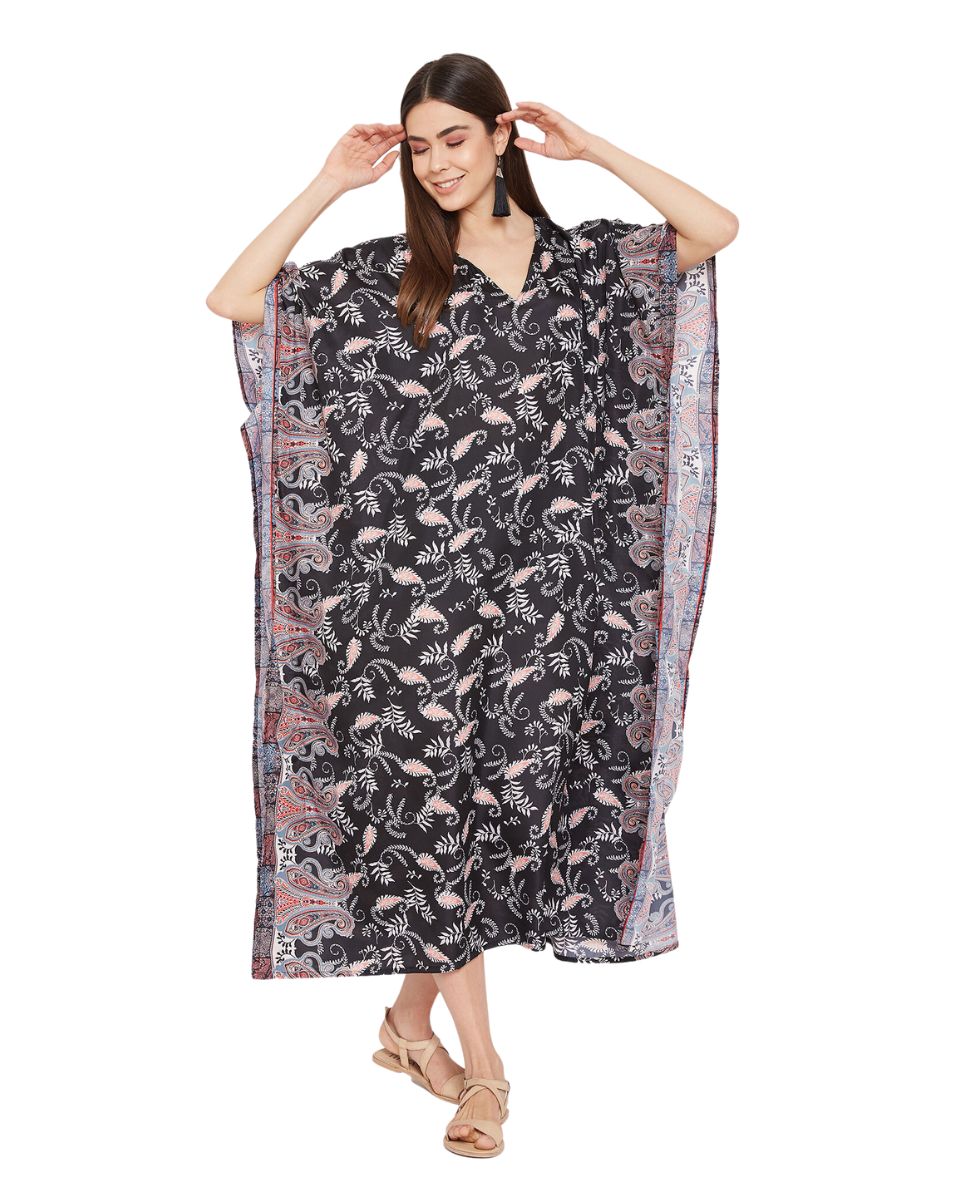 Paisley Printed Plus Size Black Polyester Kaftan Dress For Women