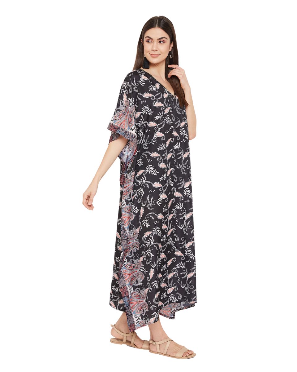 Paisley Printed Plus Size Black Polyester Kaftan Dress For Women