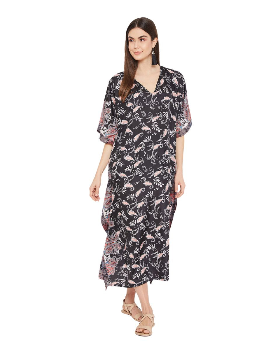 Paisley Printed Plus Size Black Polyester Kaftan Dress For Women