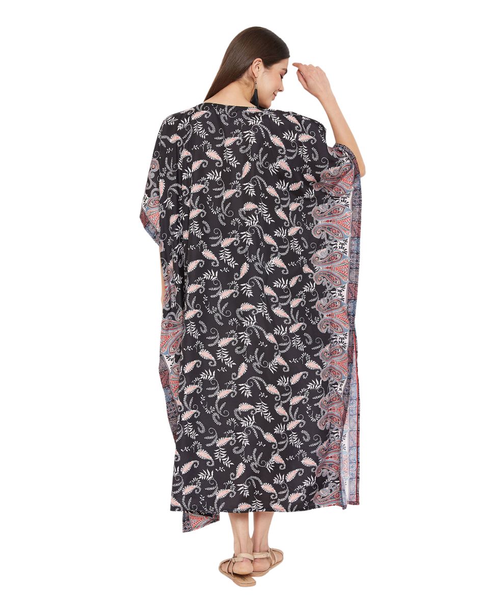 Paisley Printed Plus Size Black Polyester Kaftan Dress For Women