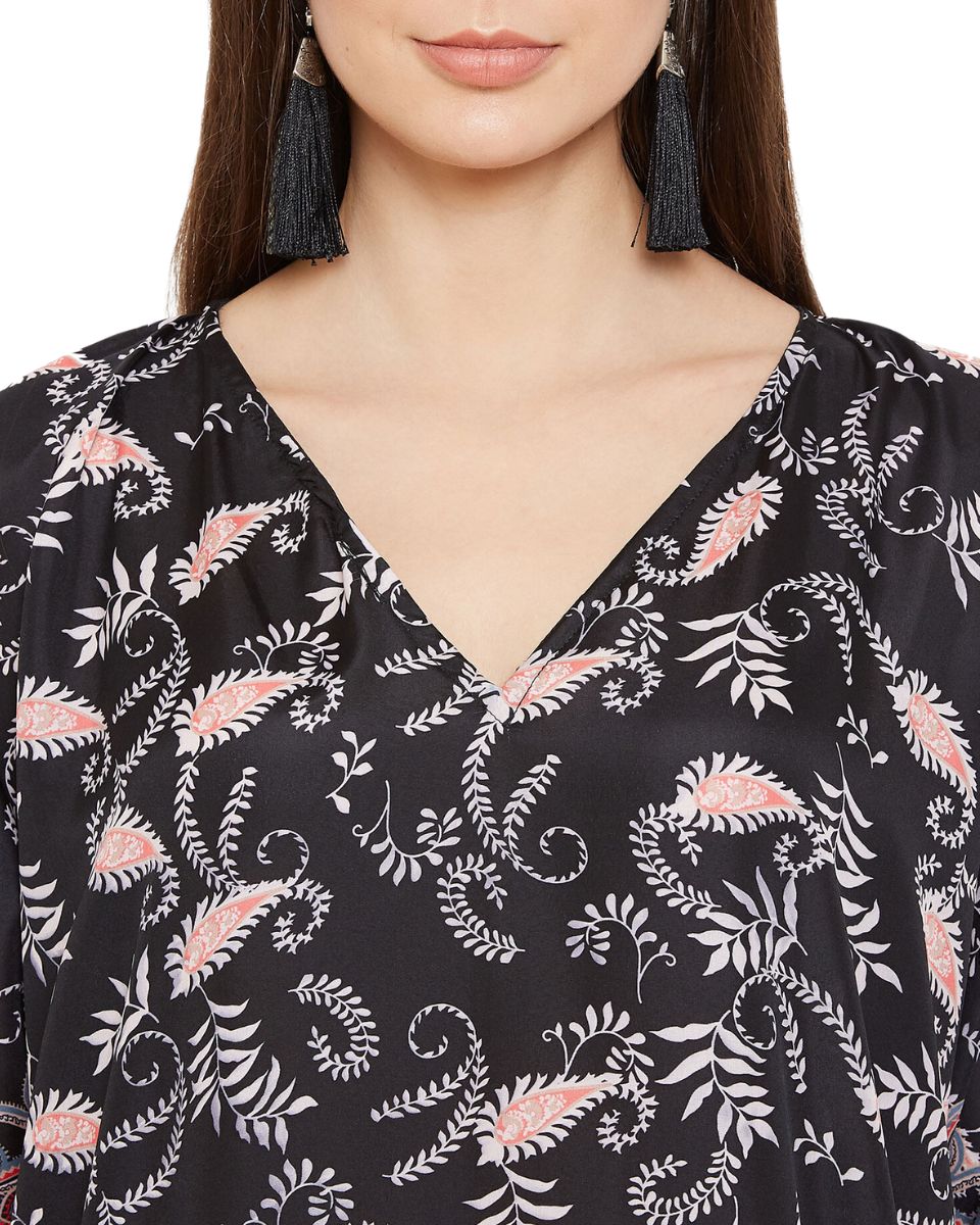 Paisley Printed Plus Size Black Polyester Kaftan Dress For Women