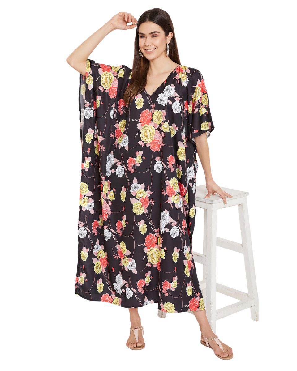 Floral Printed Black Polyester Kaftan Plus Size Dress For Women