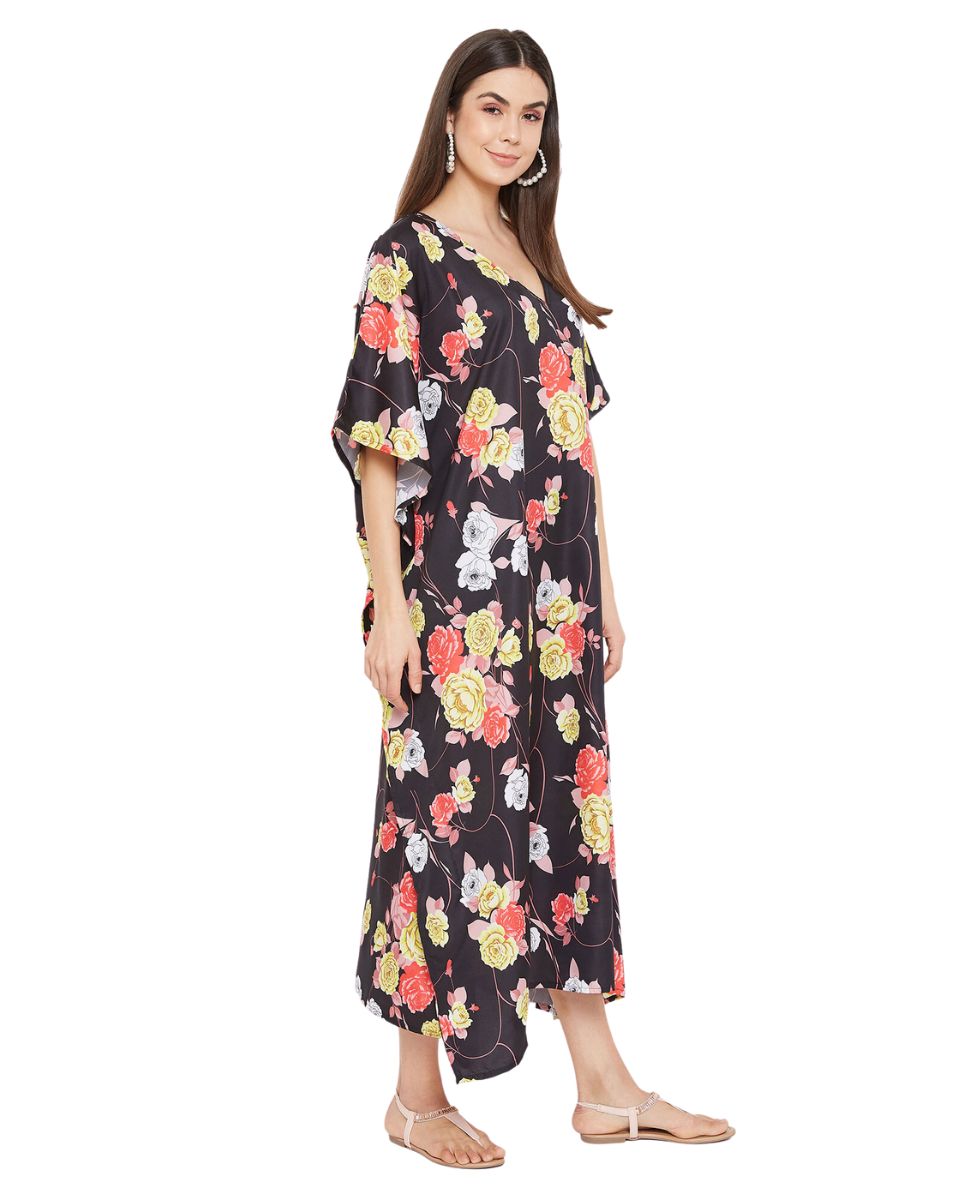 Floral Printed Black Polyester Kaftan Plus Size Dress For Women
