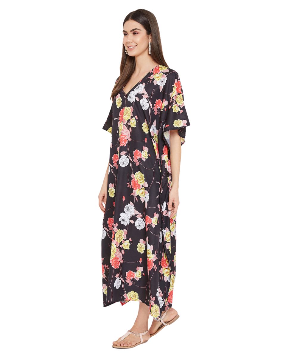 Floral Printed Black Polyester Kaftan Plus Size Dress For Women