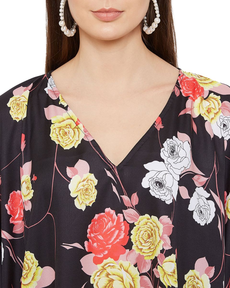 Floral Printed Black Polyester Kaftan Plus Size Dress For Women