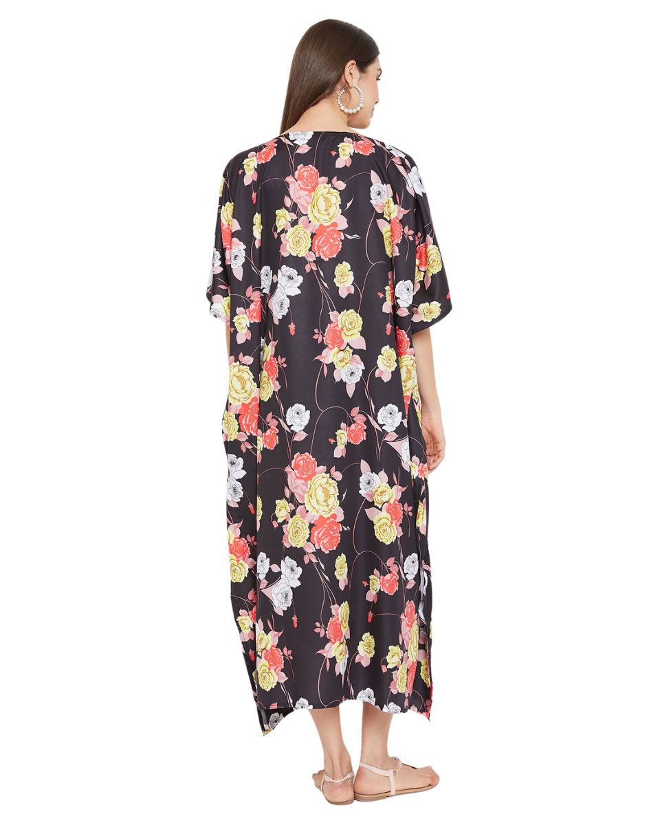 Floral Printed Black Polyester Kaftan Plus Size Dress For Women