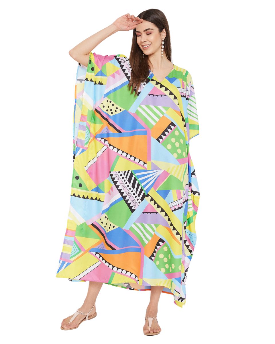 Geometric Print Multicolor Polyester Plus Size Kaftan Dress For Women