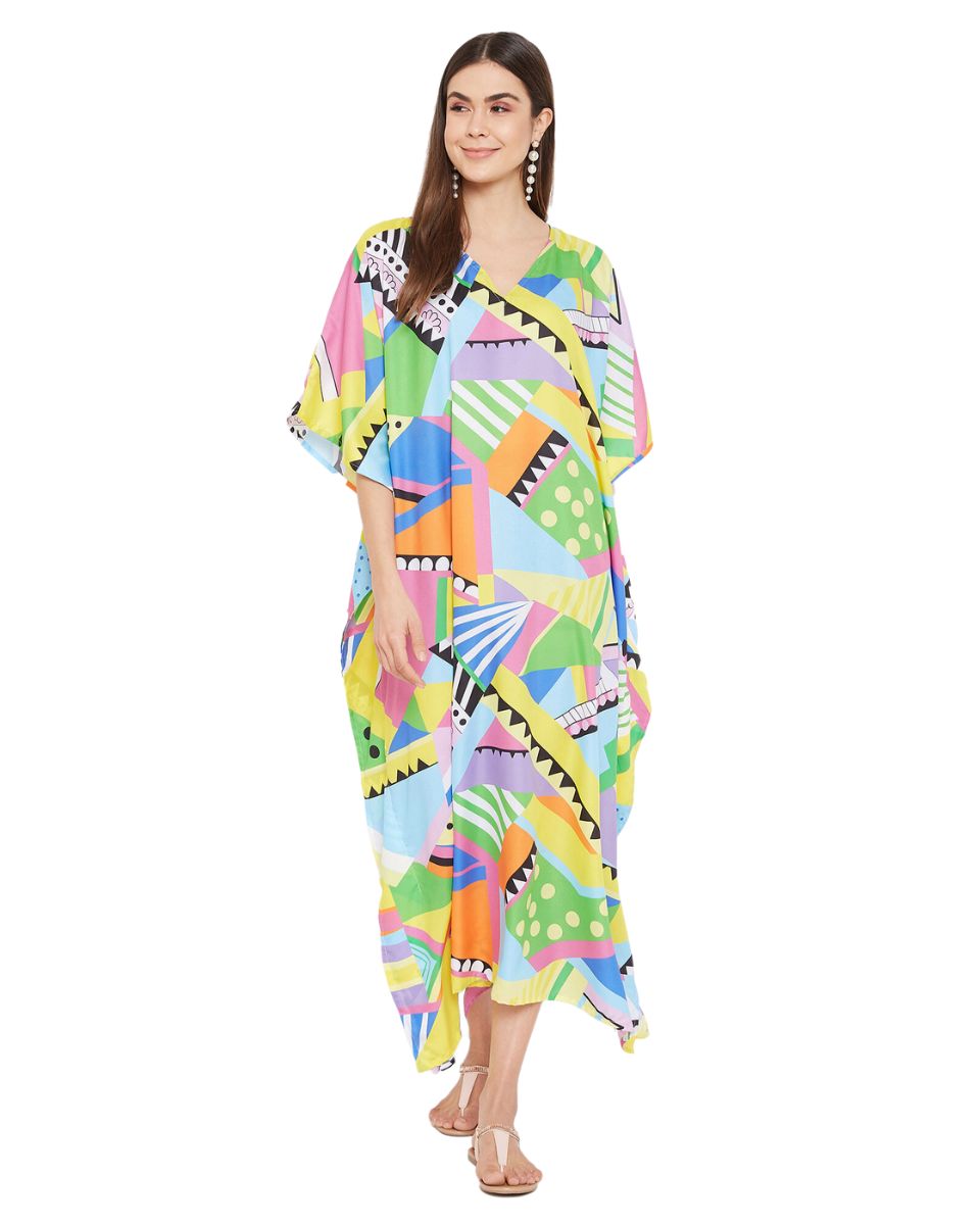 Geometric Print Multicolor Polyester Plus Size Kaftan Dress For Women